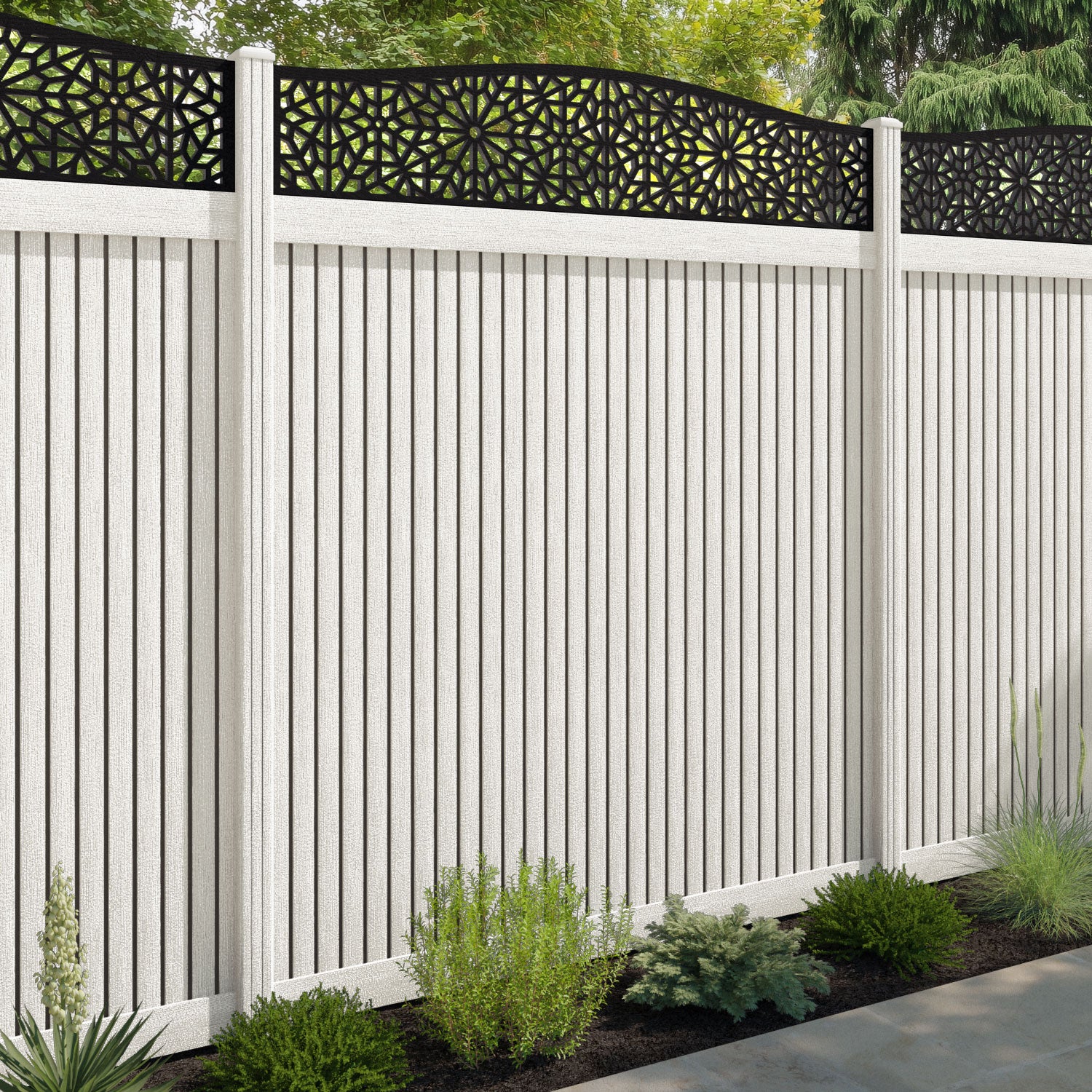 Virtis Alnara Curved Top Fence Panel - Light Stone - with our composite posts