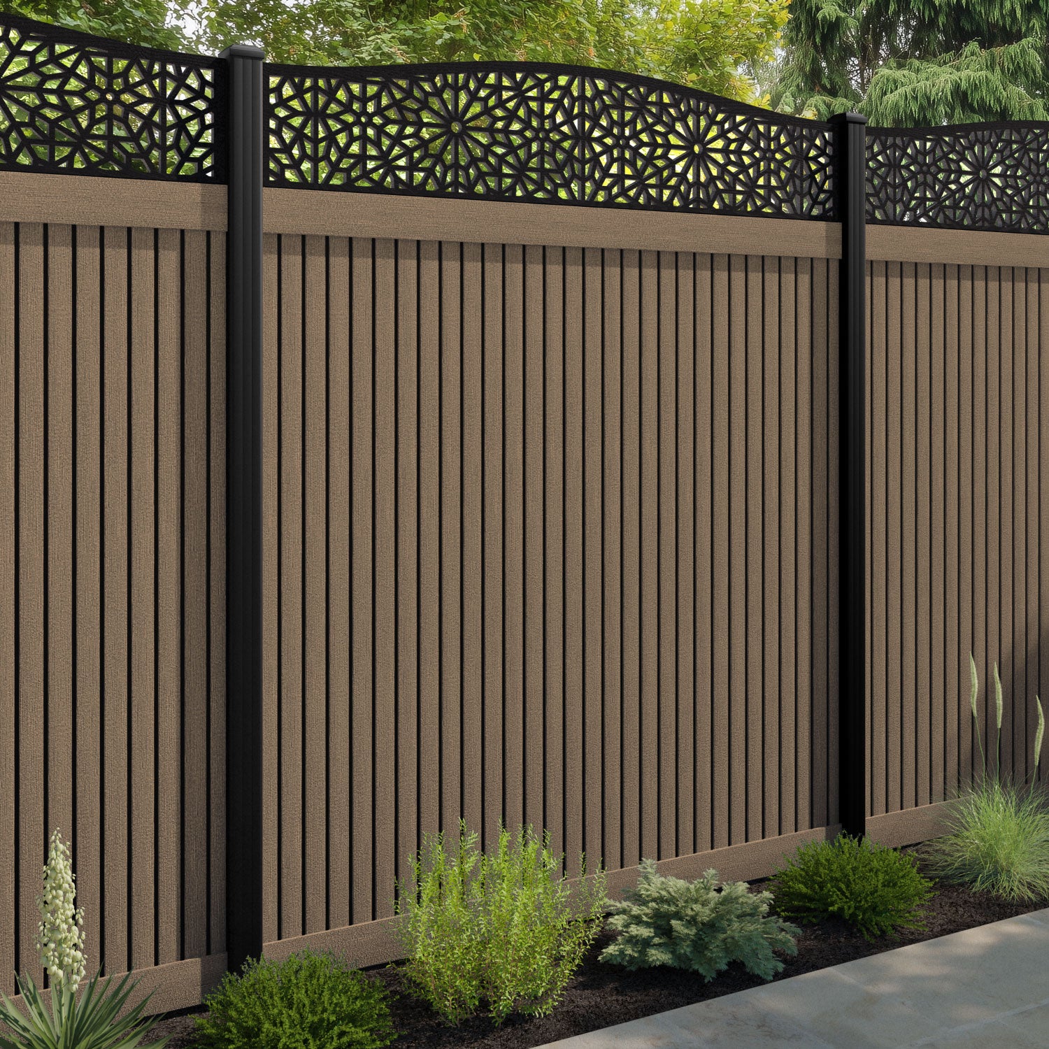 Virtis Alnara Curved Top Fence Panel - Teak - with our aluminium posts