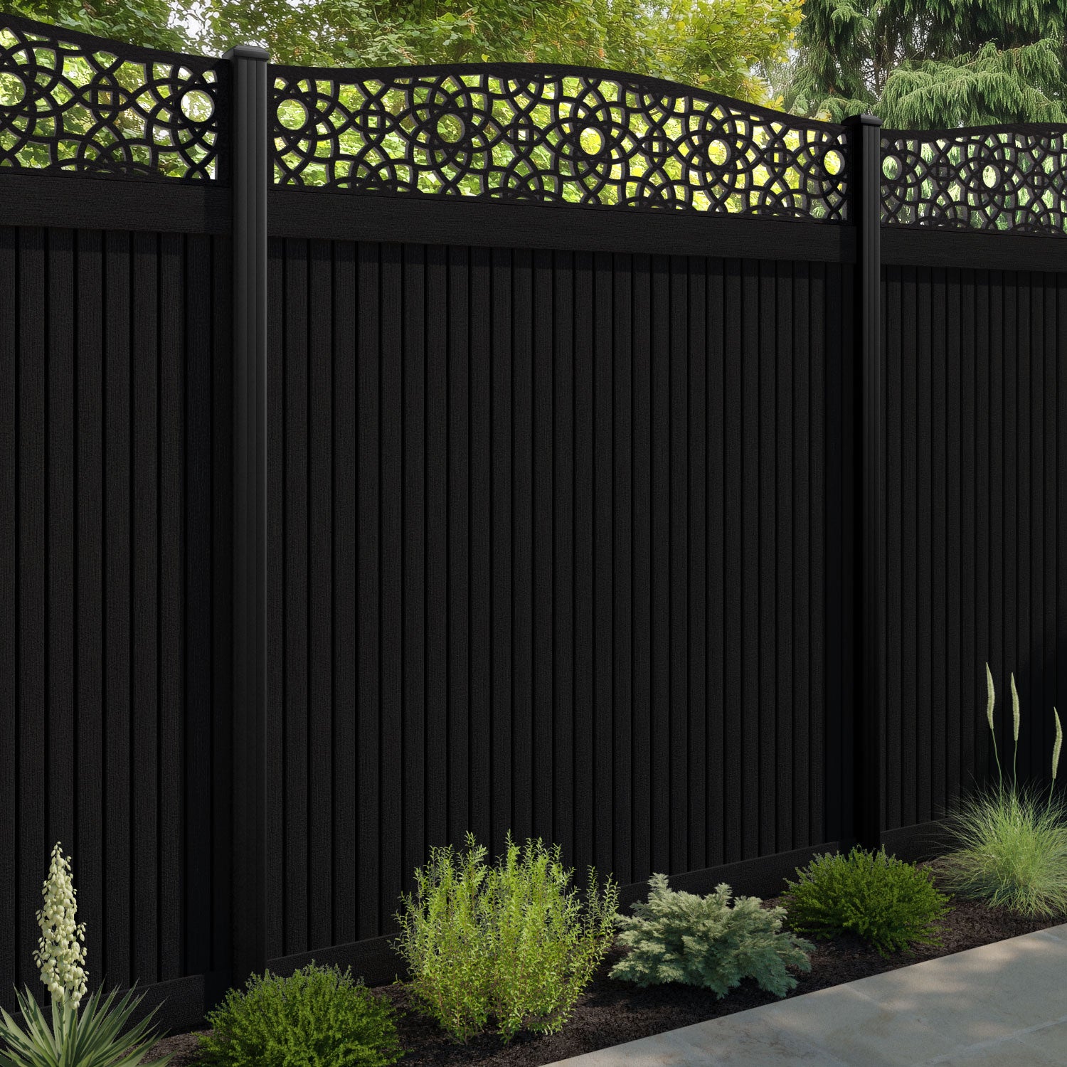 Virtis Ambar Curved Top Fence Panel - Black - with our aluminium posts