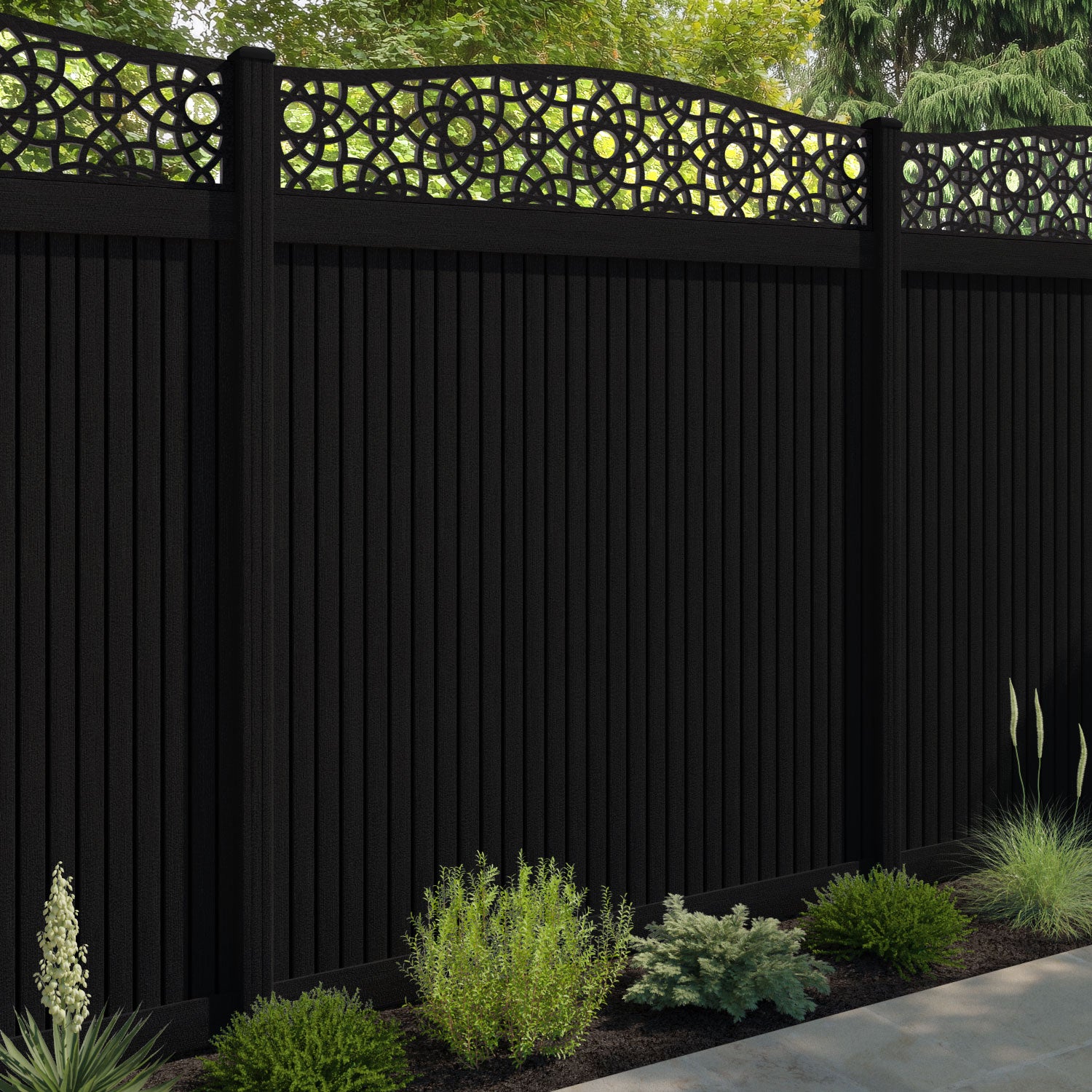 Virtis Ambar Curved Top Fence Panel - Black - with our composite posts