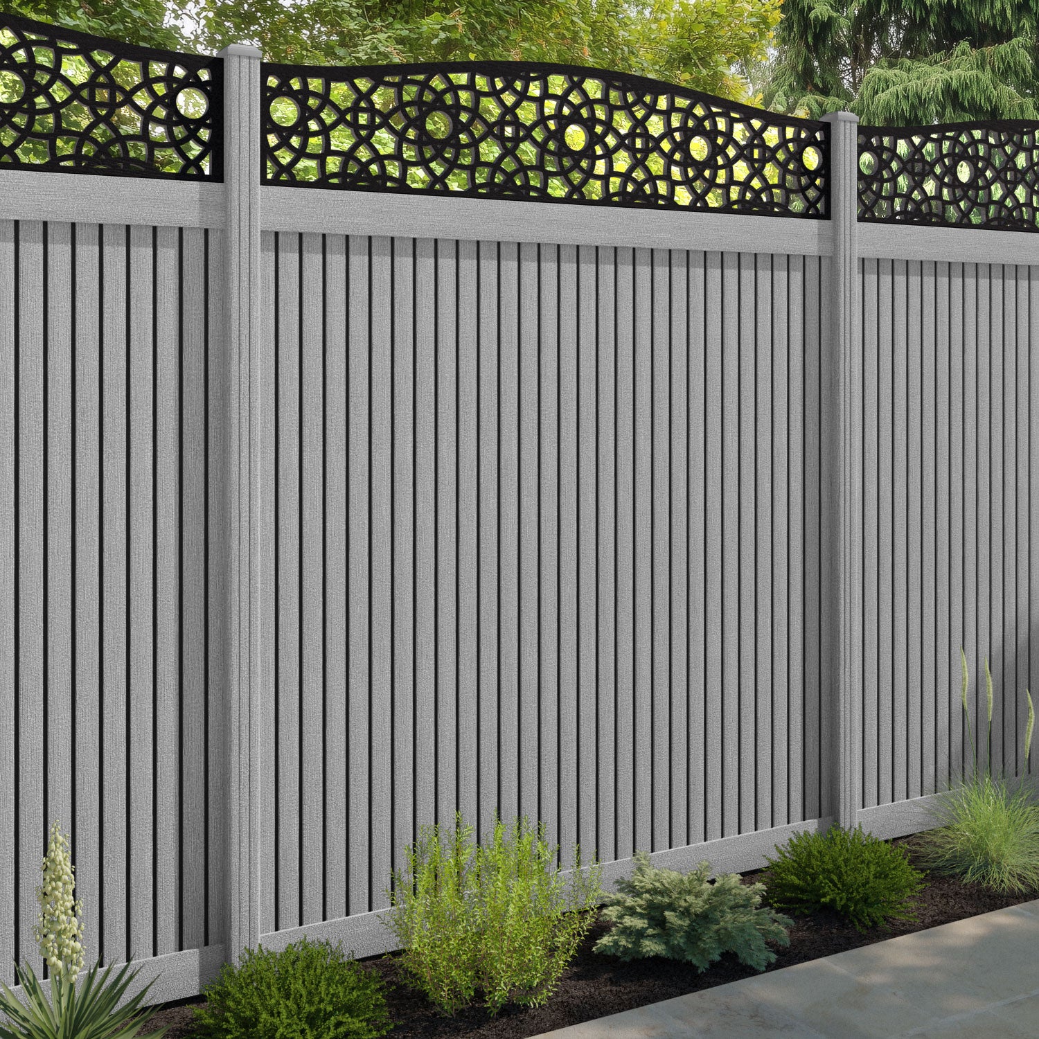 Virtis Ambar Curved Top Fence Panel - Light Grey - with our composite posts