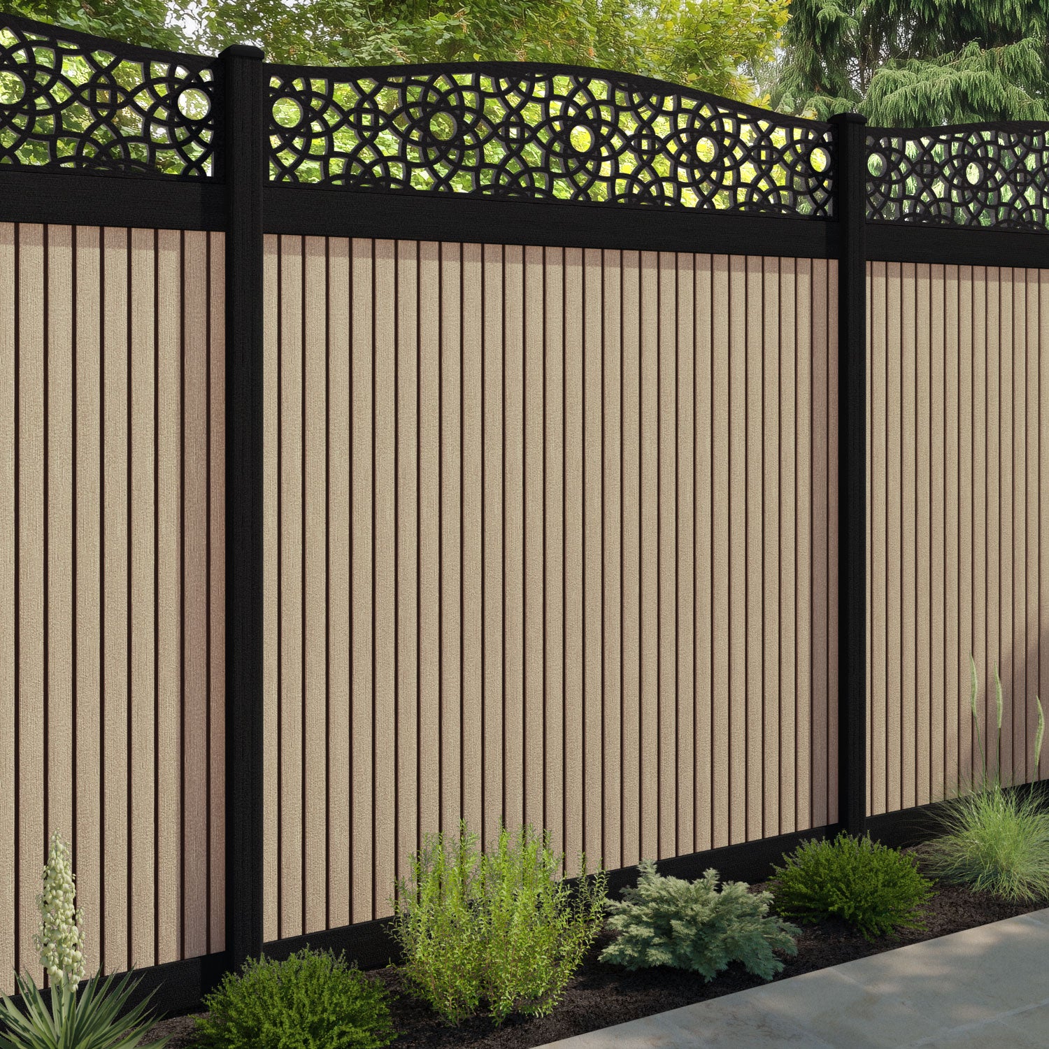 Virtis Ambar Curved Top Fence Panel - Light Oak - with our composite posts