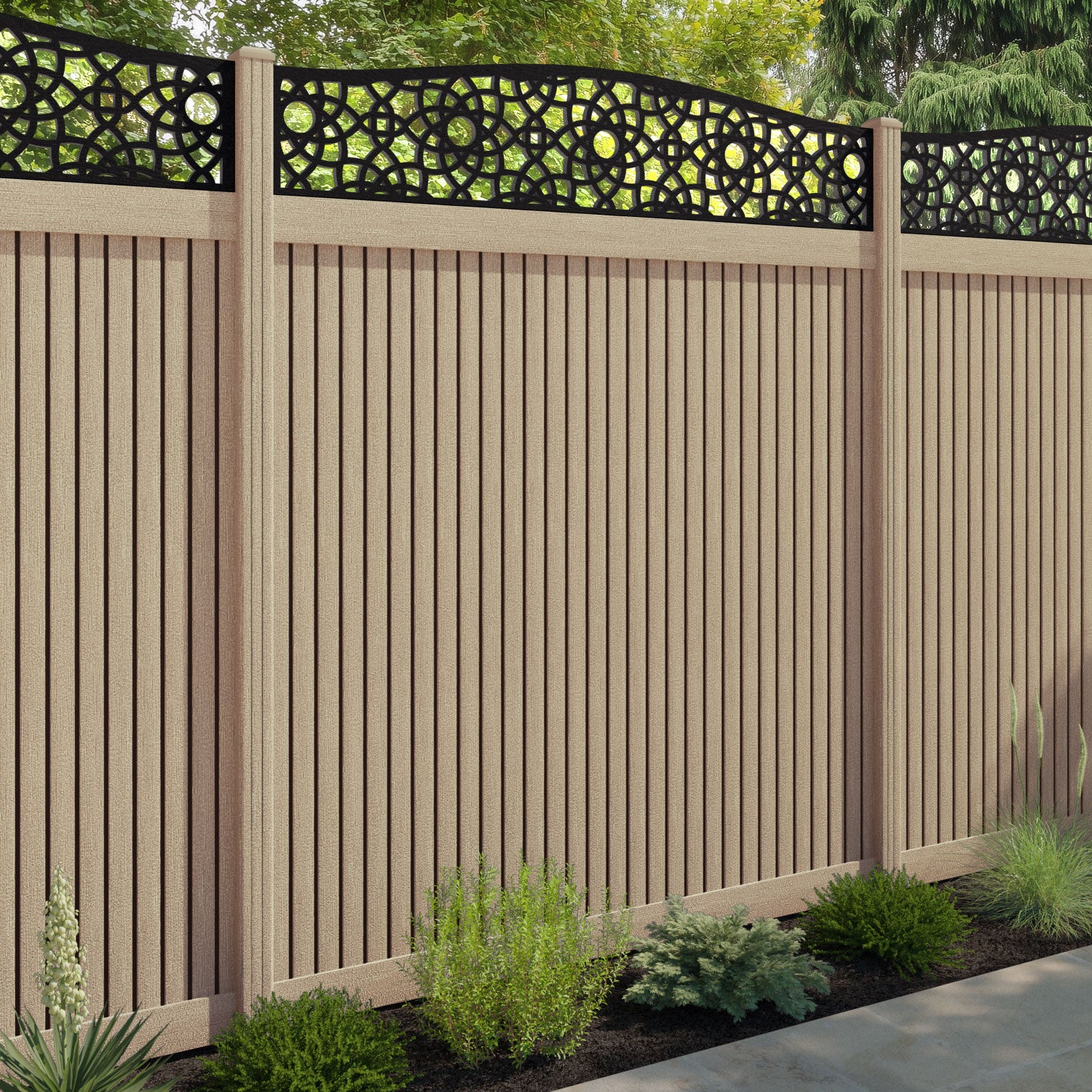 Virtis Ambar Curved Top Fence Panel - Light Oak - with our composite posts