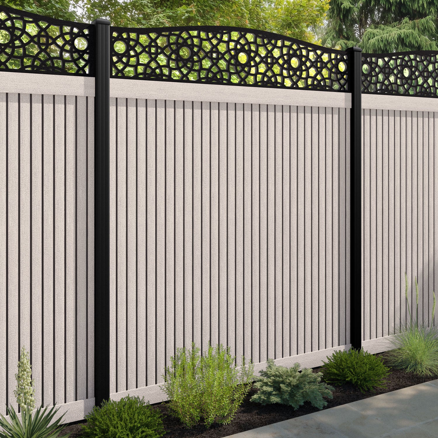 Virtis Ambar Curved Top Fence Panel - Mid Stone - with our composite posts