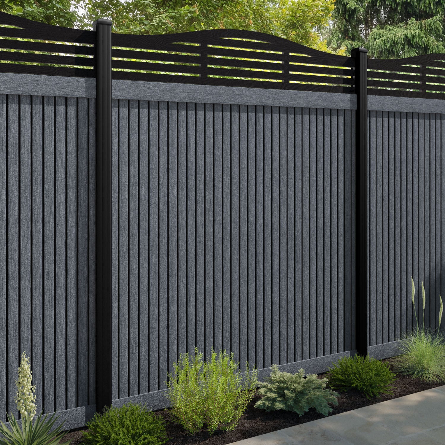 Virtis Aspen Curved Top Fence Panel - Anthracite - with our aluminium posts