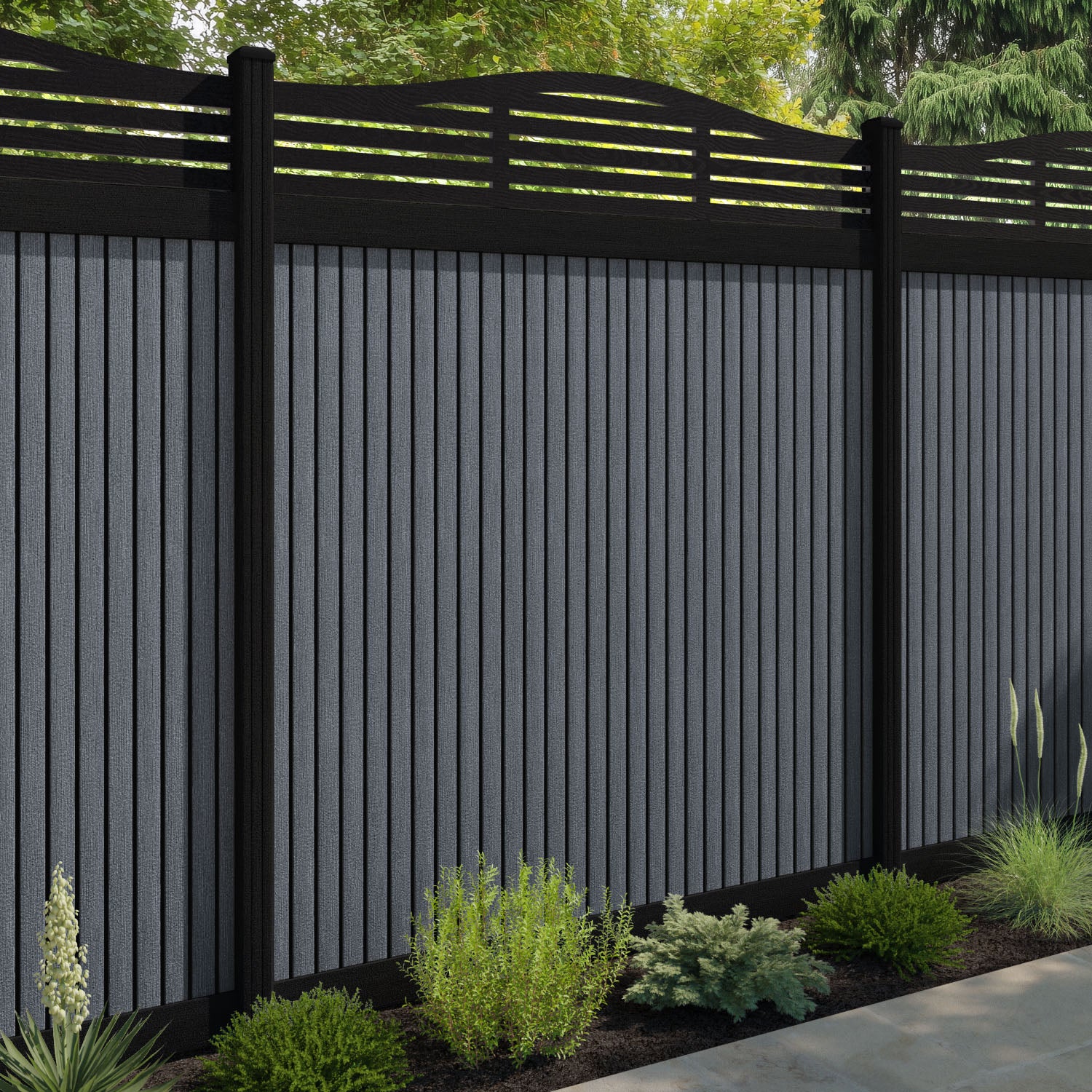 Virtis Aspen Curved Top Fence Panel - Anthracite - with our aluminium posts