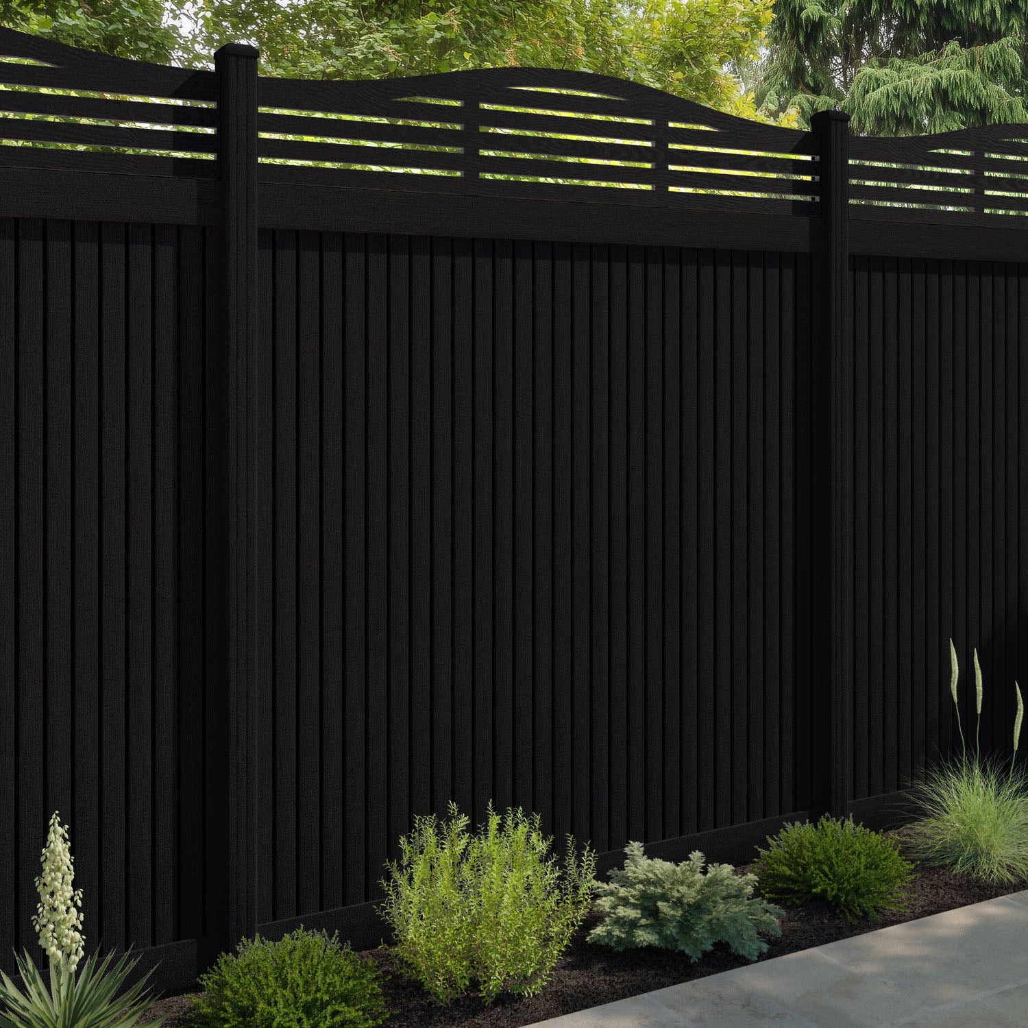 Virtis Aspen Curved Top Fence Panel - Black - with our composite posts