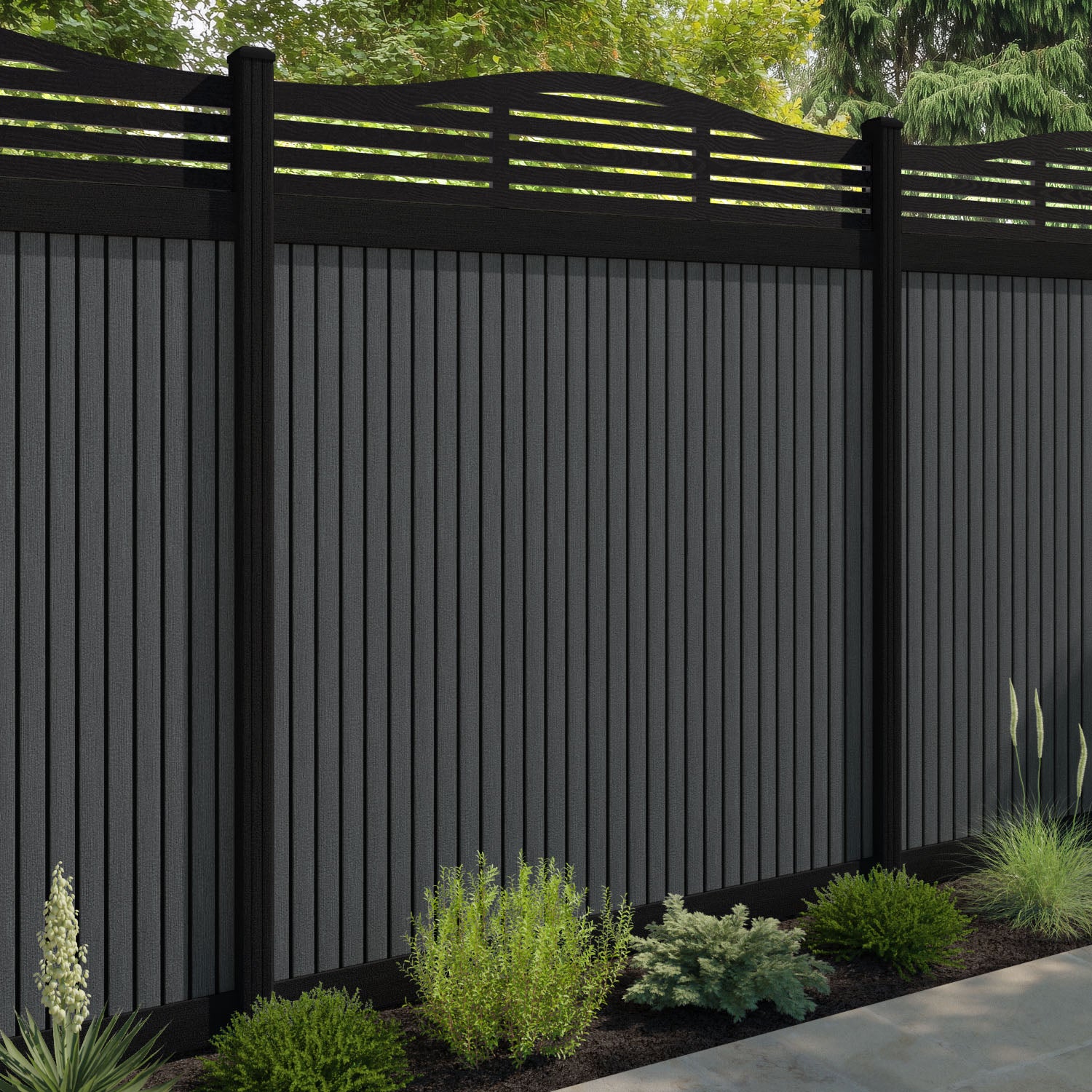 Virtis Aspen Curved Top Fence Panel - Dark Grey - with our composite posts