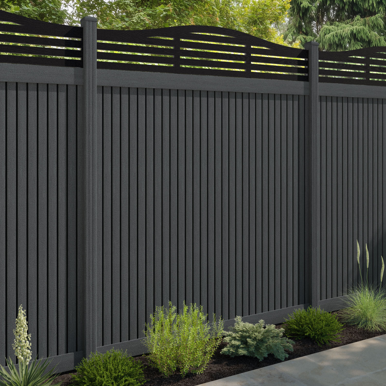 Virtis Aspen Curved Top Fence Panel - Dark Grey - with our composite posts