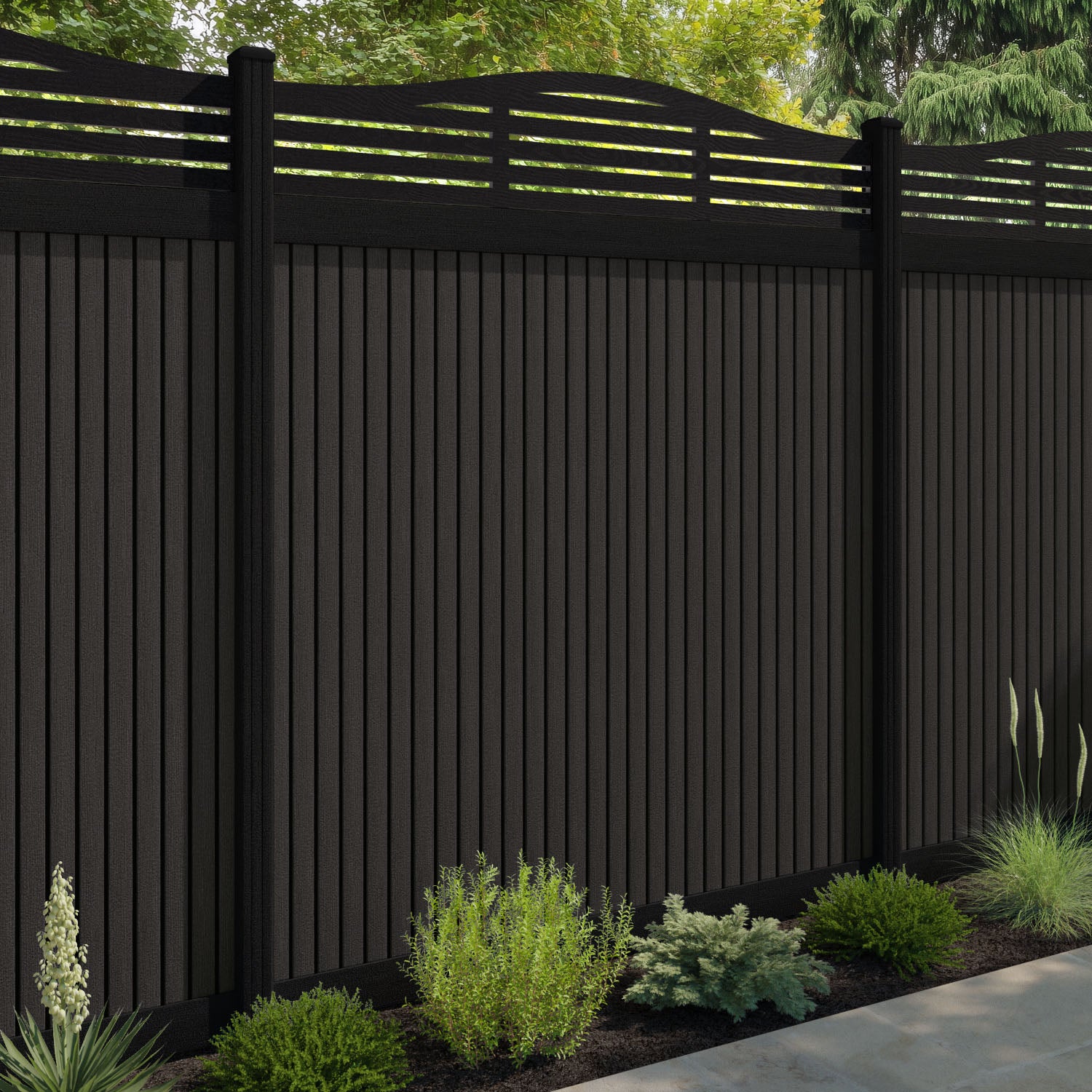 Virtis Aspen Curved Top Fence Panel - Dark Oak - with our composite posts