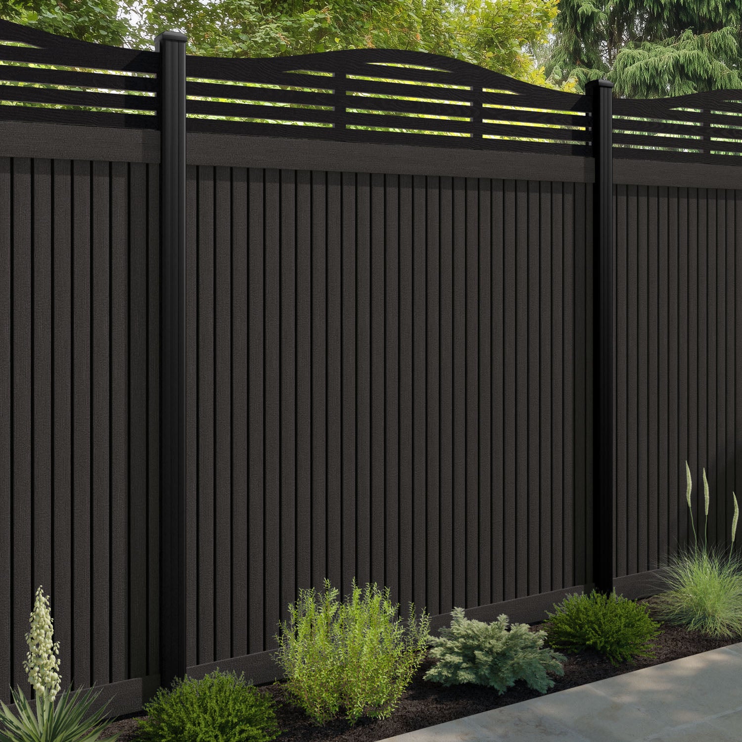 Virtis Aspen Curved Top Fence Panel - Dark Oak - with our aluminium posts