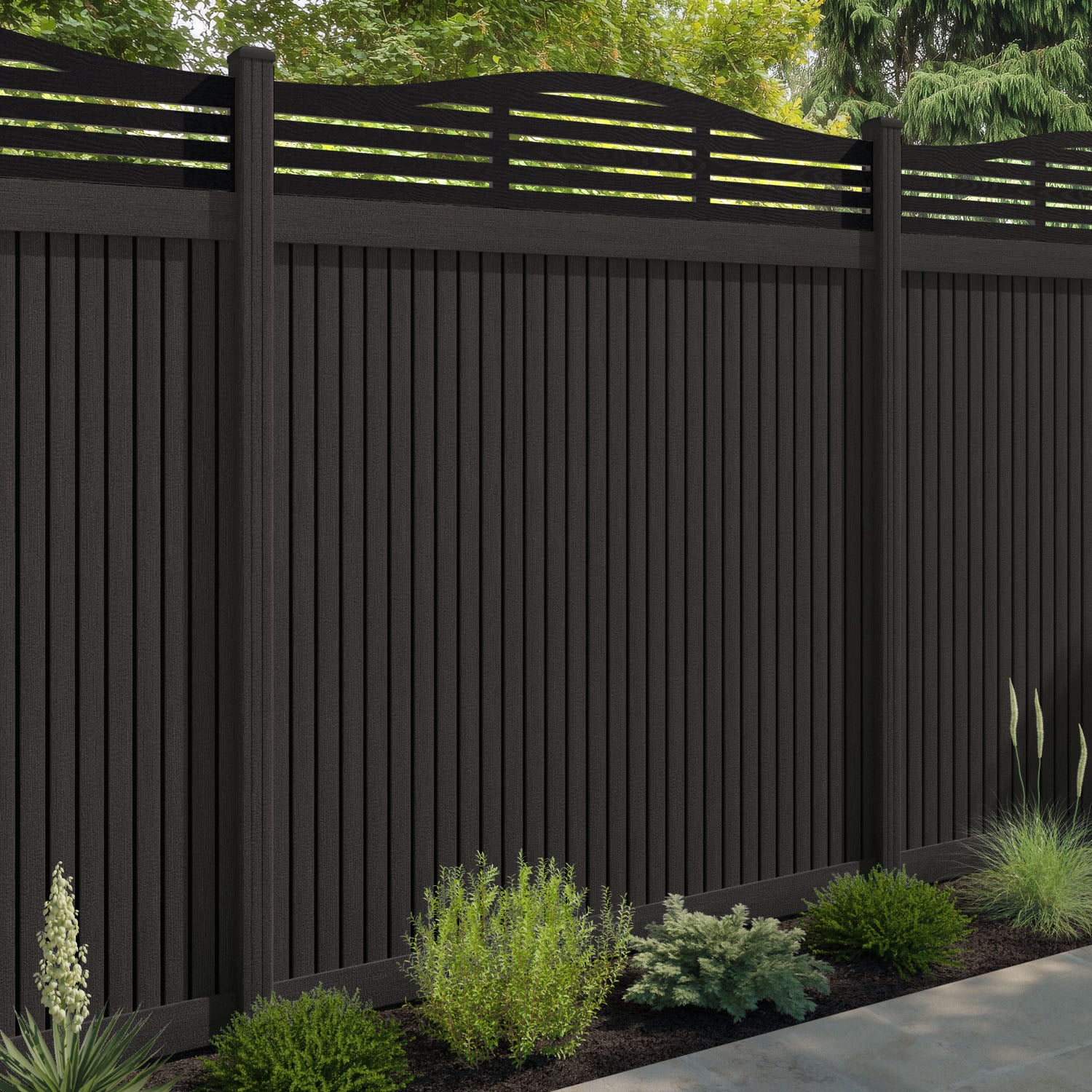 Virtis Aspen Curved Top Fence Panel - Dark Oak - with our composite posts