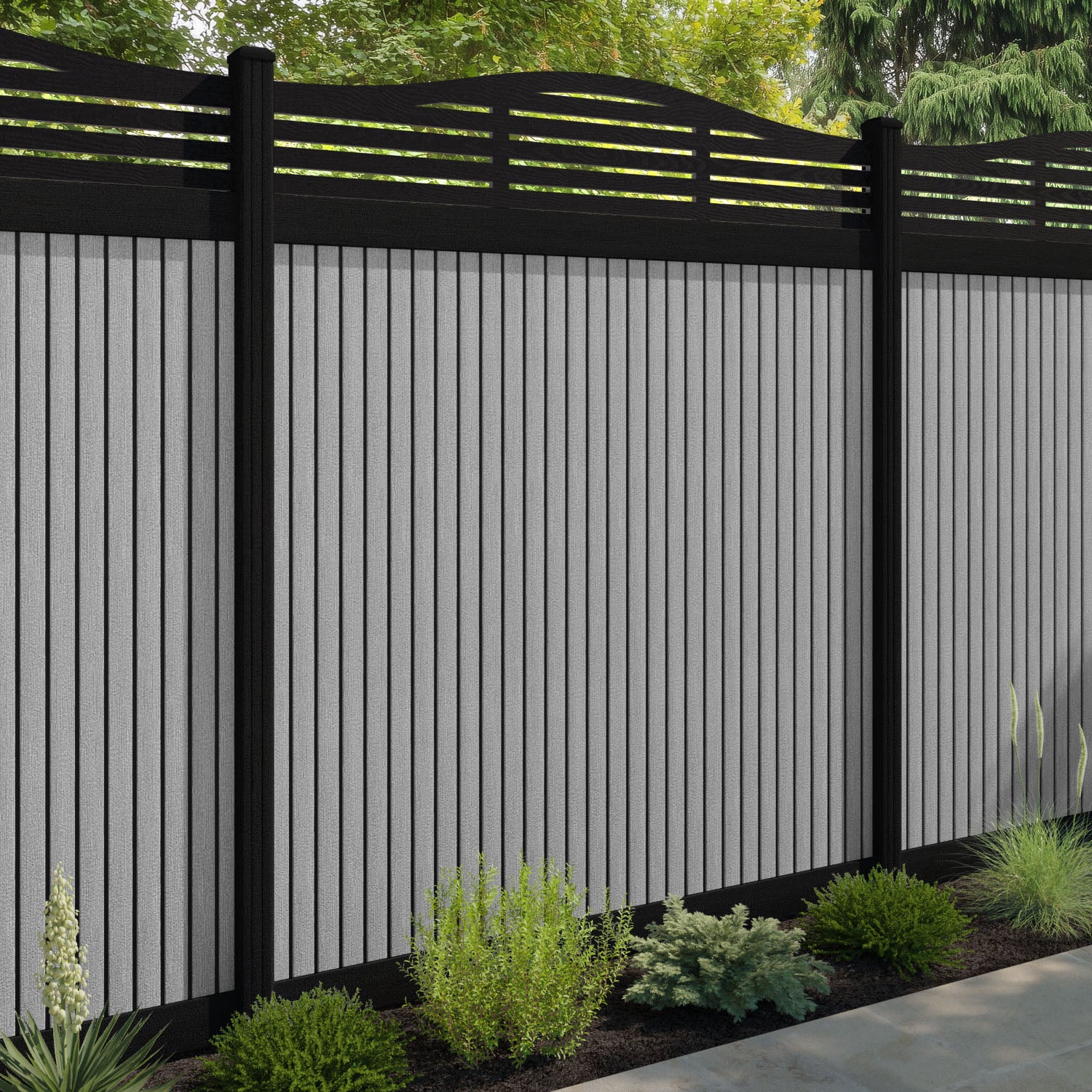Virtis Aspen Curved Top Fence Panel - Light Grey - with our aluminium posts