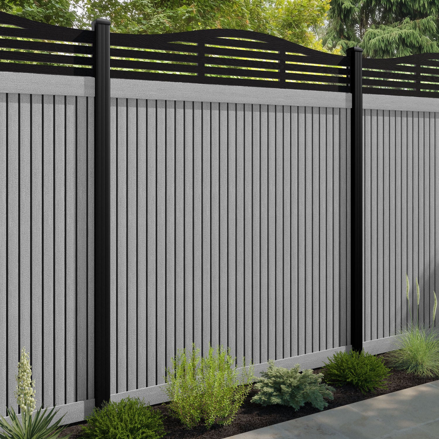 Virtis Aspen Curved Top Fence Panel - Light Grey - with our aluminium posts
