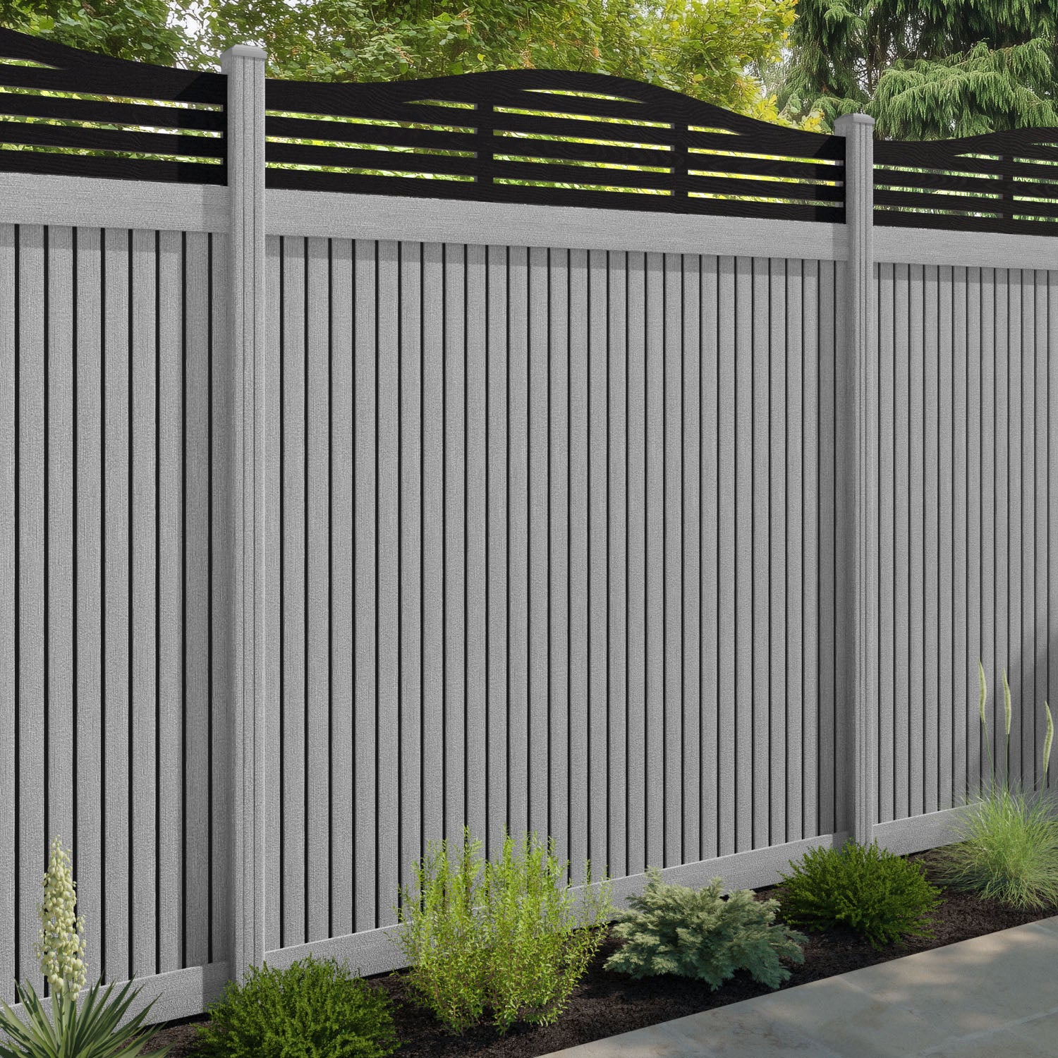 Virtis Aspen Curved Top Fence Panel - Light Grey - with our composite posts