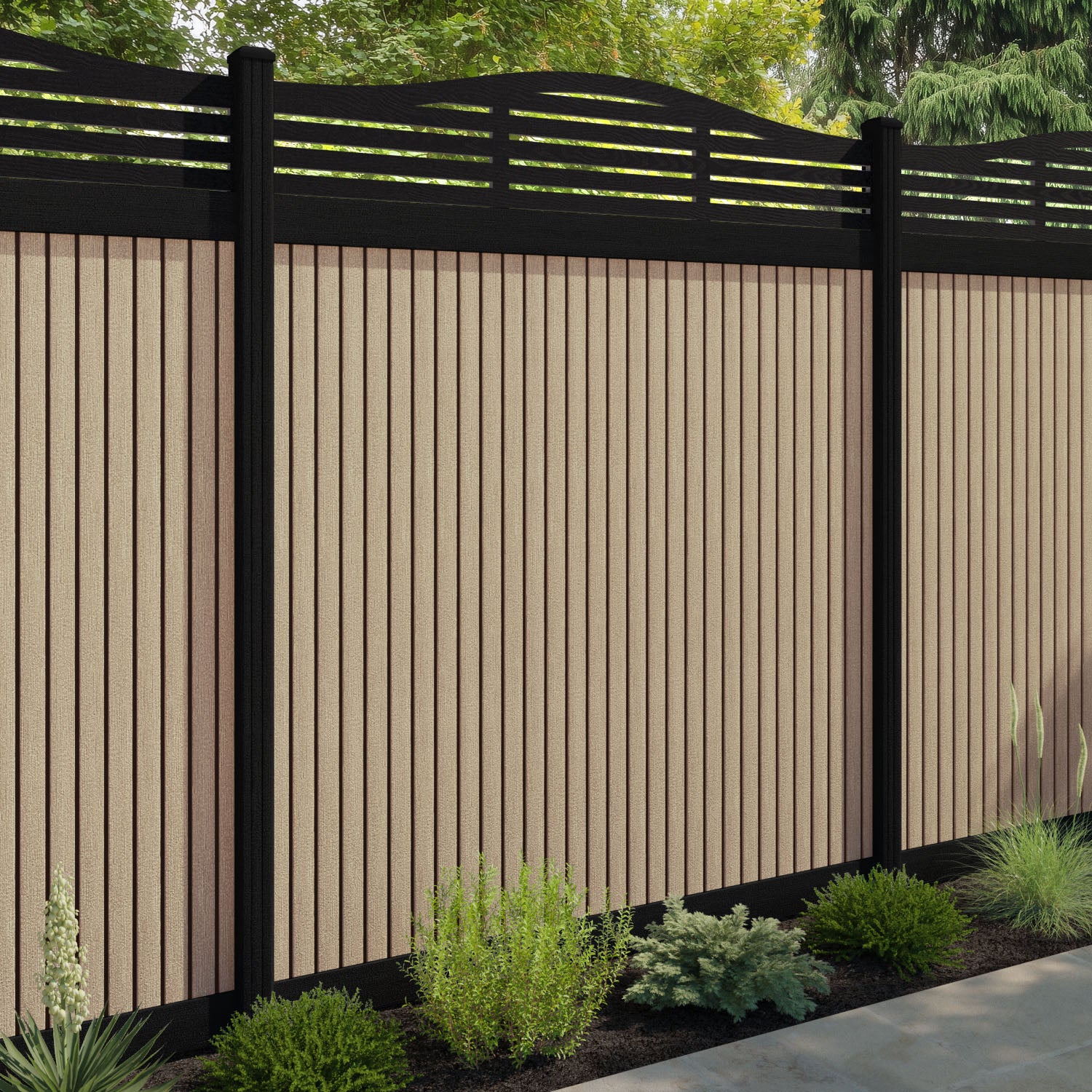 Virtis Aspen Curved Top Fence Panel - Light Oak - with our composite posts