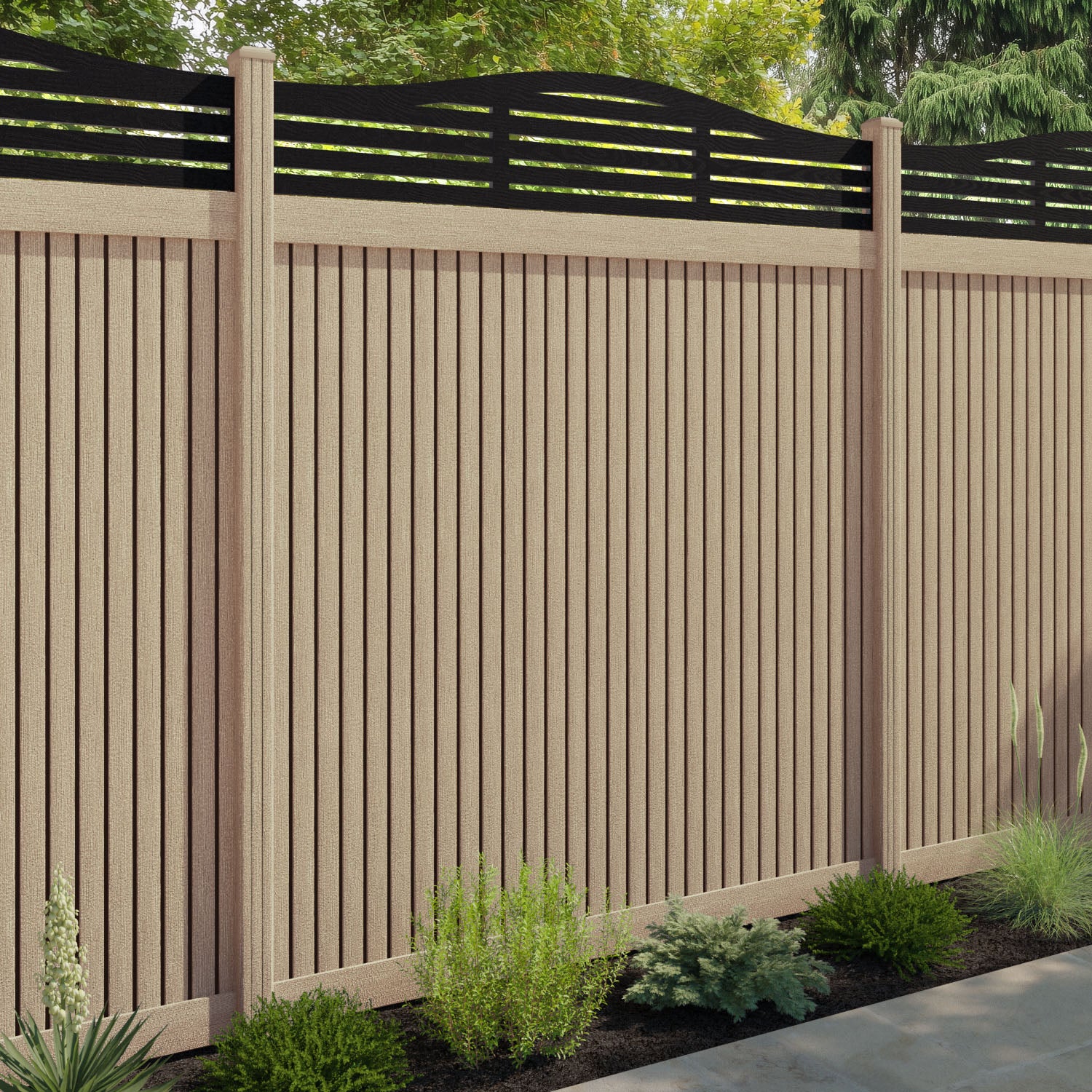 Virtis Aspen Curved Top Fence Panel - Light Oak - with our composite posts