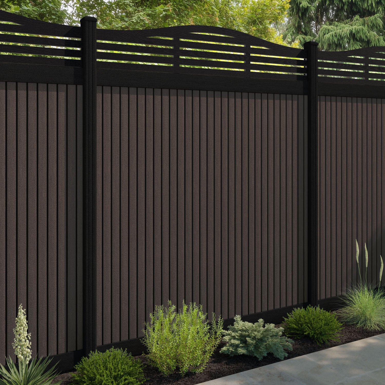 Virtis Aspen Curved Top Fence Panel - Mid Brown - with our composite posts