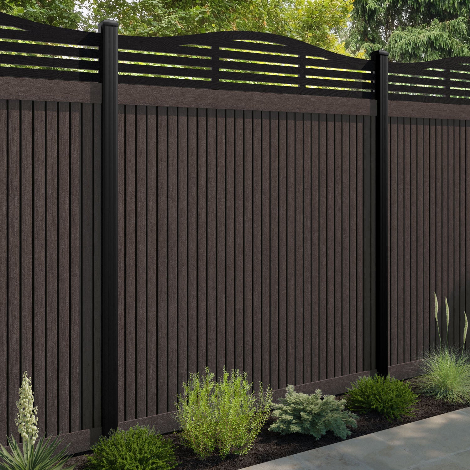 Virtis Aspen Curved Top Fence Panel - Mid Brown - with our composite posts