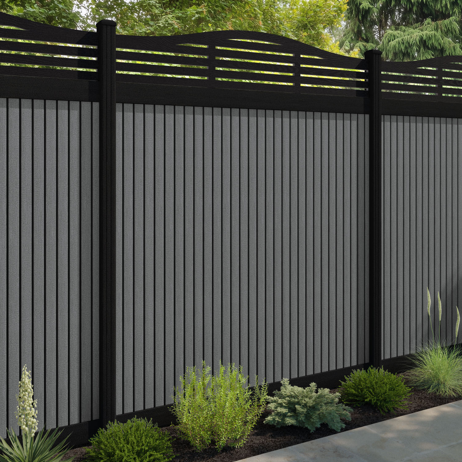 Virtis Aspen Curved Top Fence Panel - Mid Grey - with our composite posts