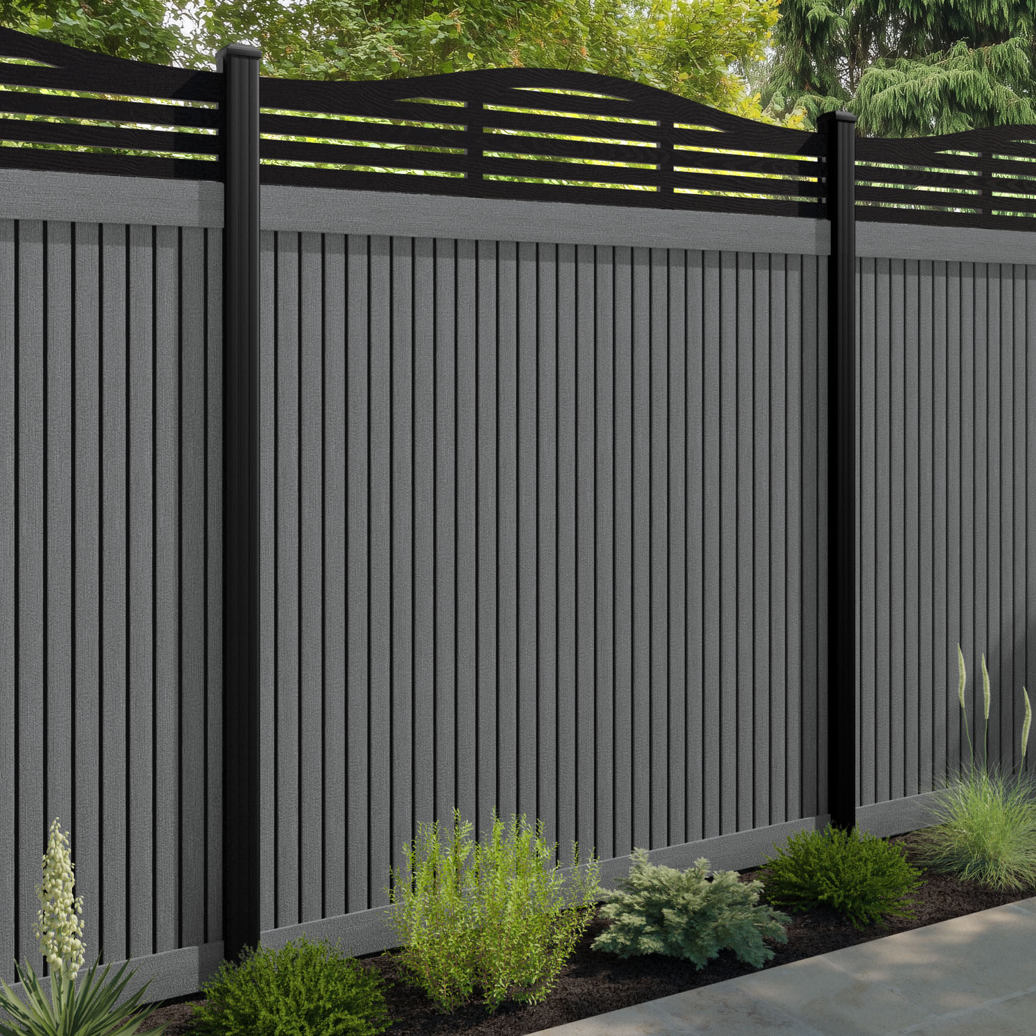 Virtis Aspen Curved Top Fence Panel - Mid Grey - with our composite posts