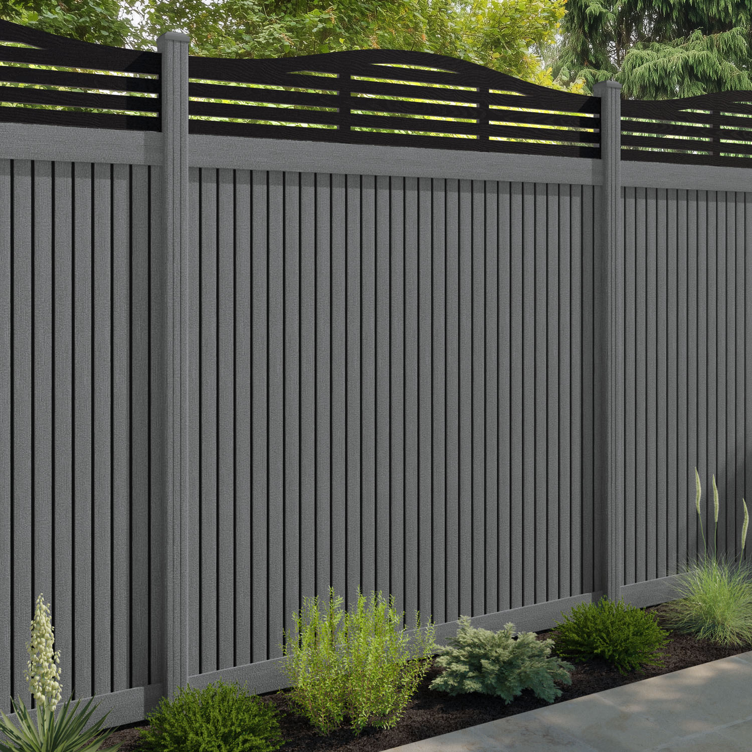 Virtis Aspen Curved Top Fence Panel - Mid Grey - with our composite posts