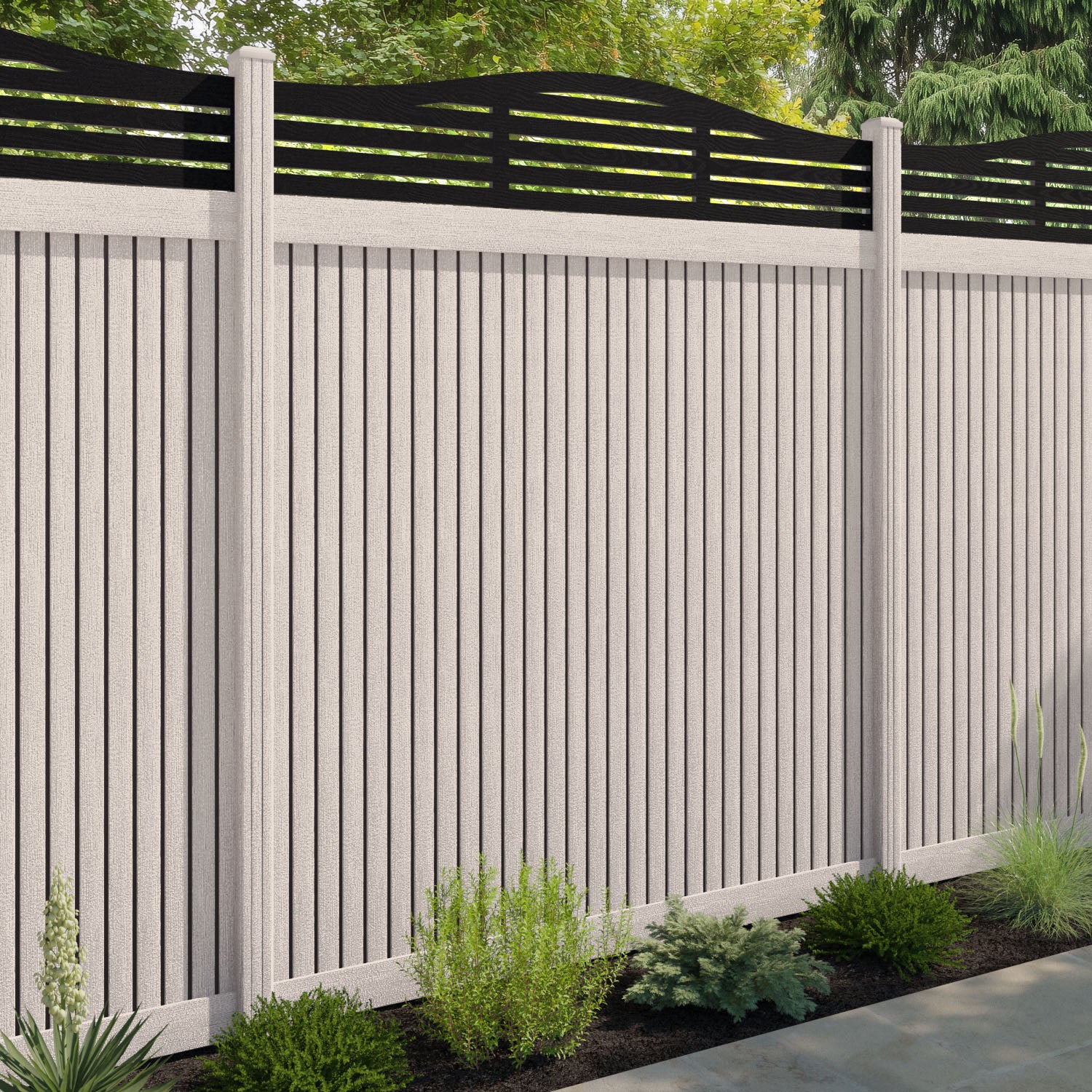 Virtis Aspen Curved Top Fence Panel - Mid Stone - with our composite posts