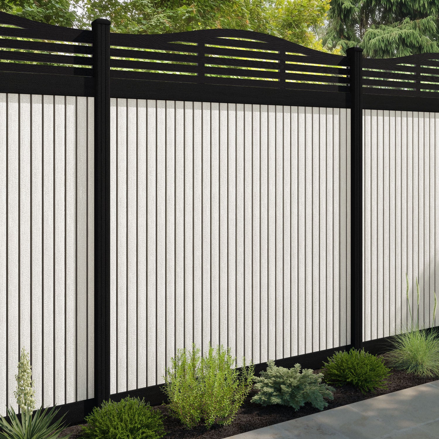 Virtis Aspen Curved Top Fence Panel - Light Stone - with our composite posts