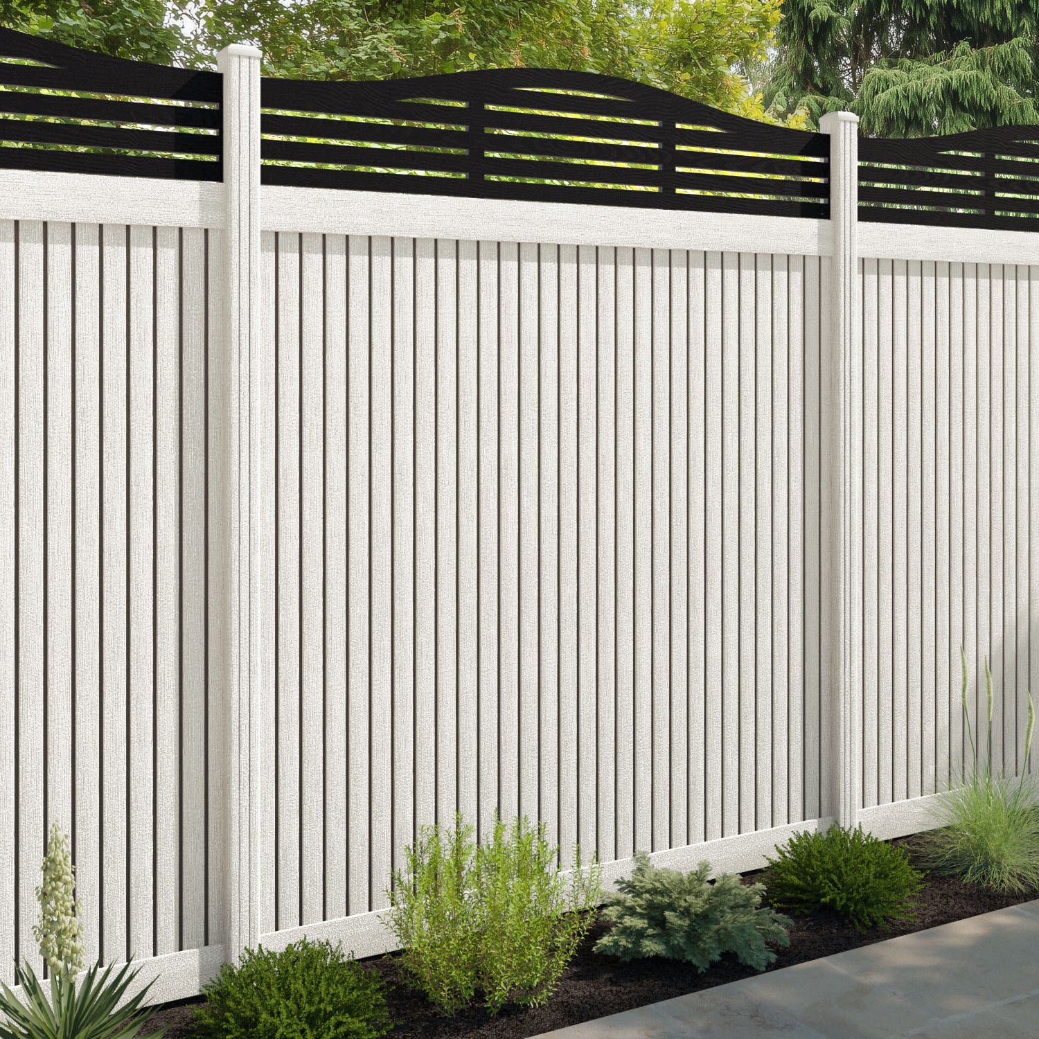 Virtis Aspen Curved Top Fence Panel - Light Stone - with our composite posts