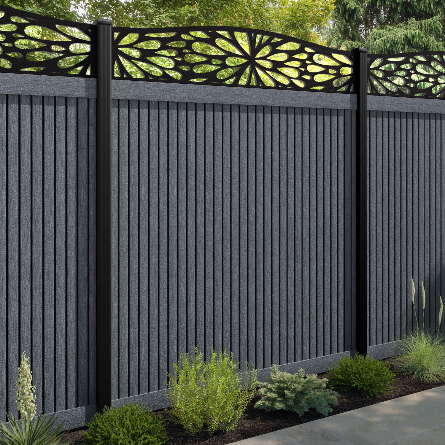 Virtis Blossom Curved Top Fence Panel - Anthracite - with our aluminium posts