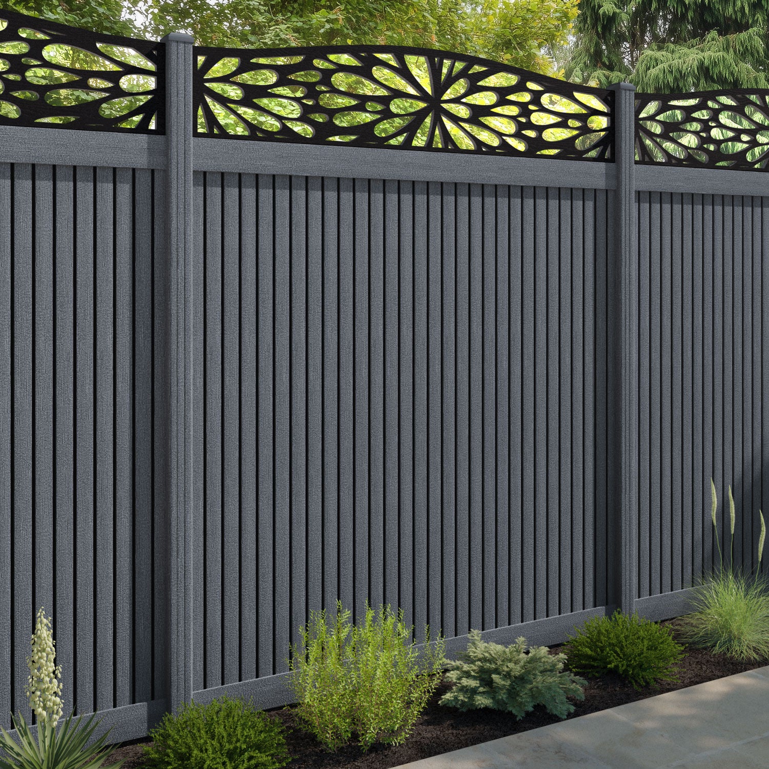 Virtis Blossom Curved Top Fence Panel - Anthracite - with our composite posts