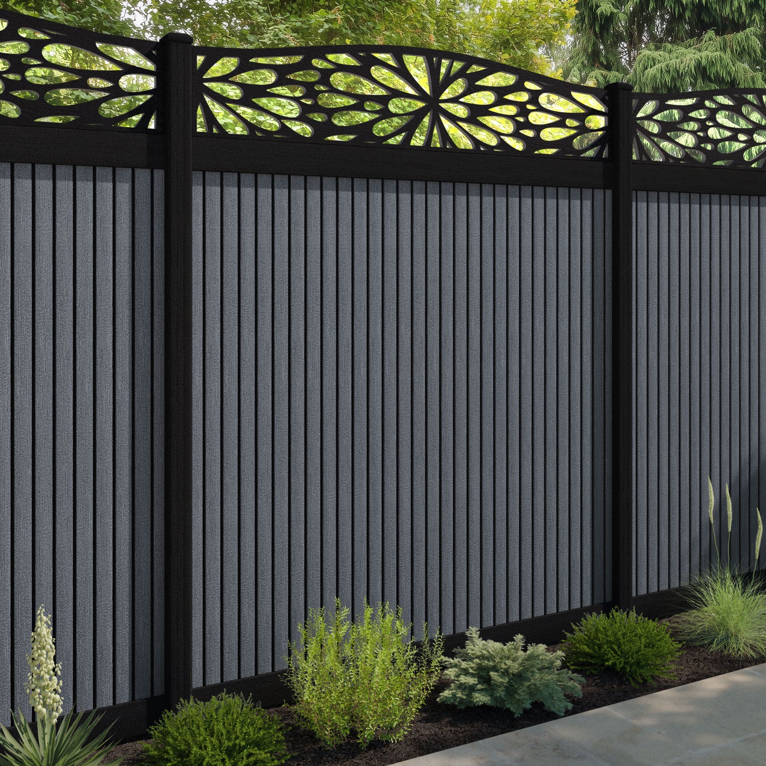 Virtis Blossom Curved Top Fence Panel - Anthracite - with our composite posts