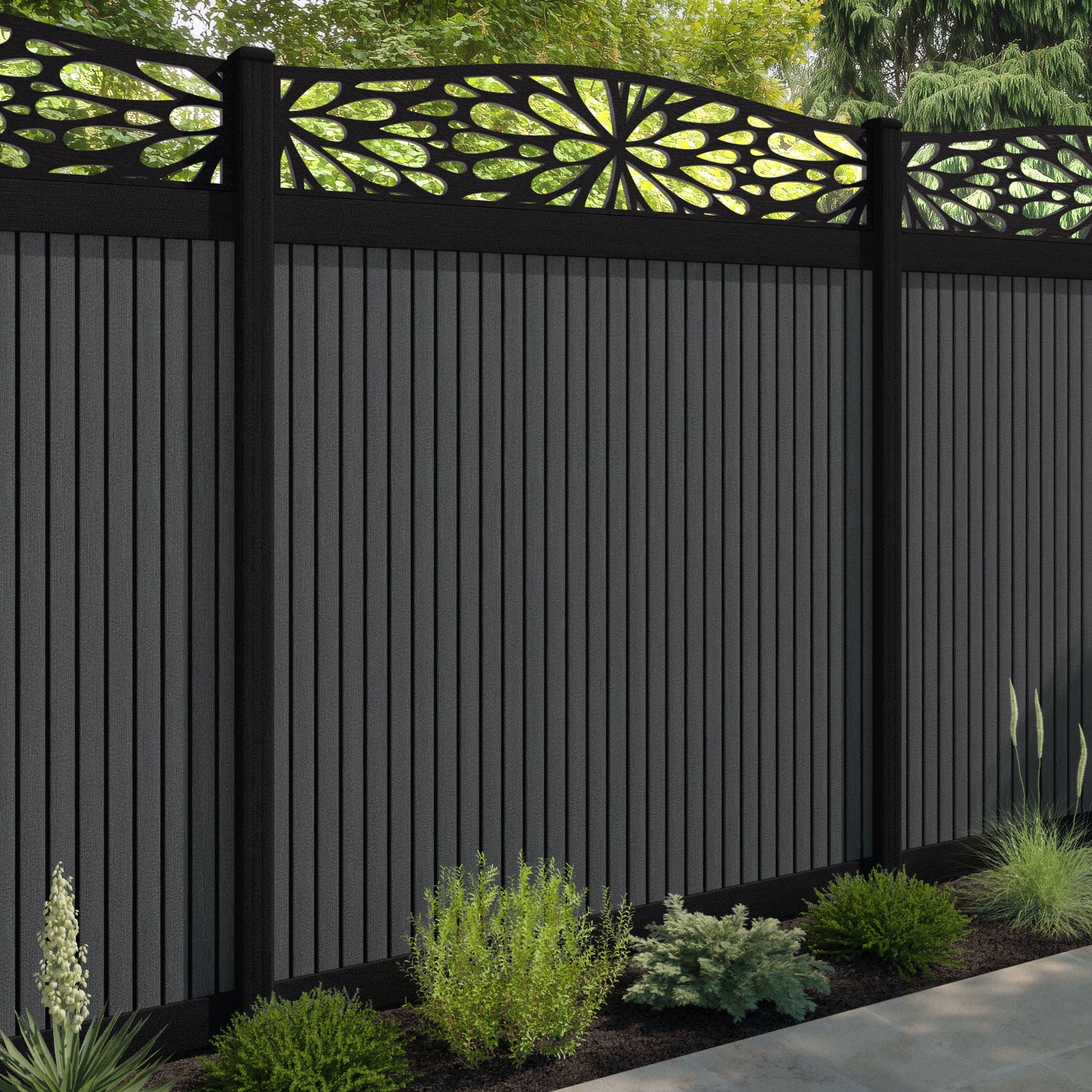 Virtis Blossom Curved Top Fence Panel - Dark Grey - with our aluminium posts