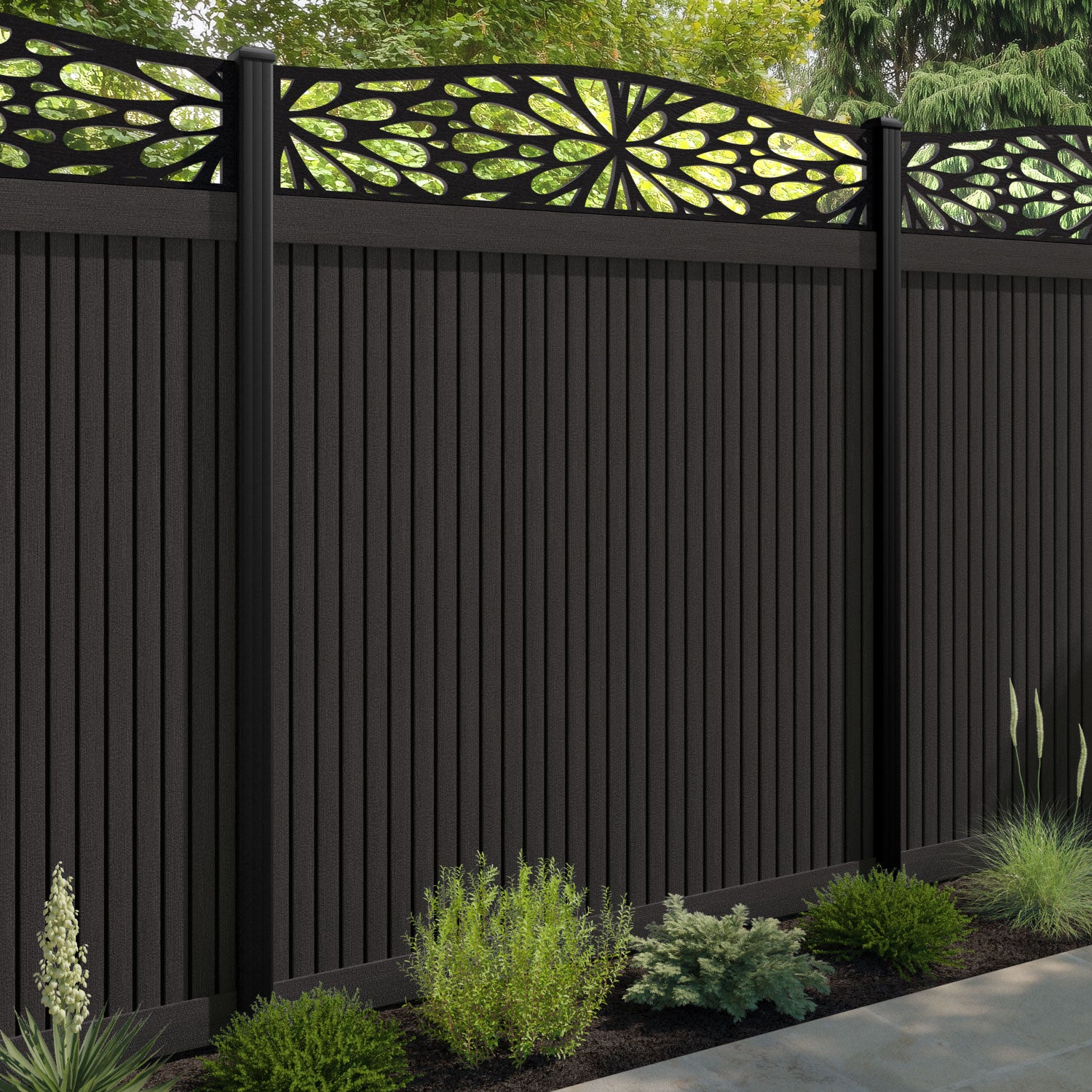 Virtis Blossom Curved Top Fence Panel - Dark Oak - with our aluminium posts