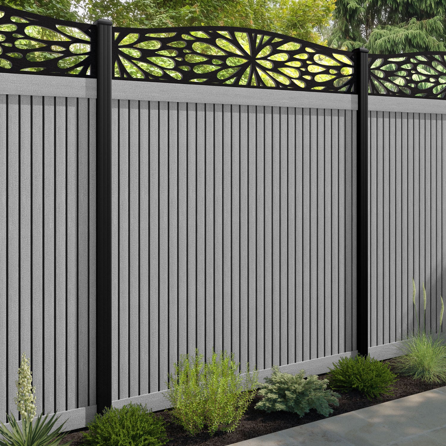 Virtis Blossom Curved Top Fence Panel - Light Grey - with our composite posts