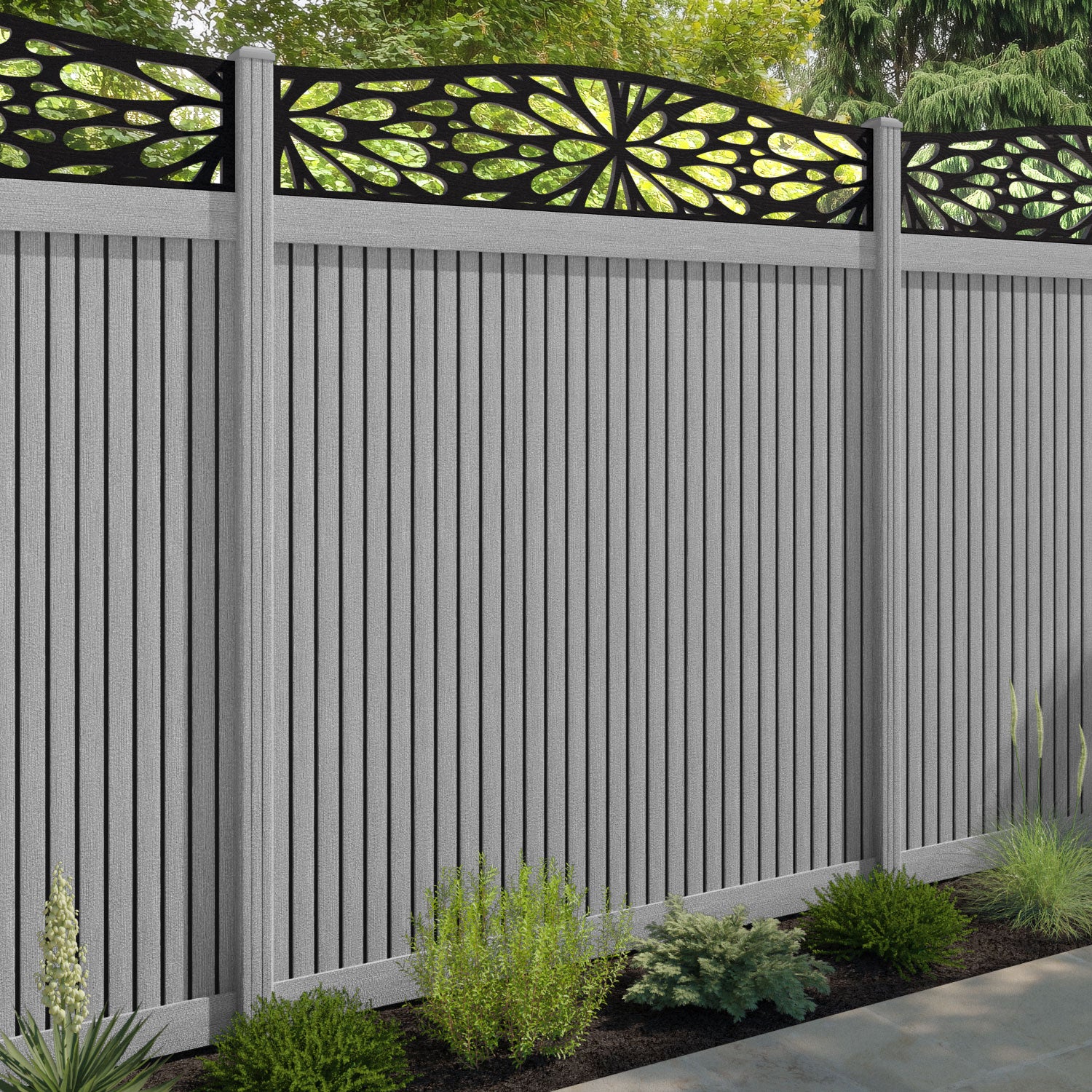 Virtis Blossom Curved Top Fence Panel - Light Grey - with our composite posts