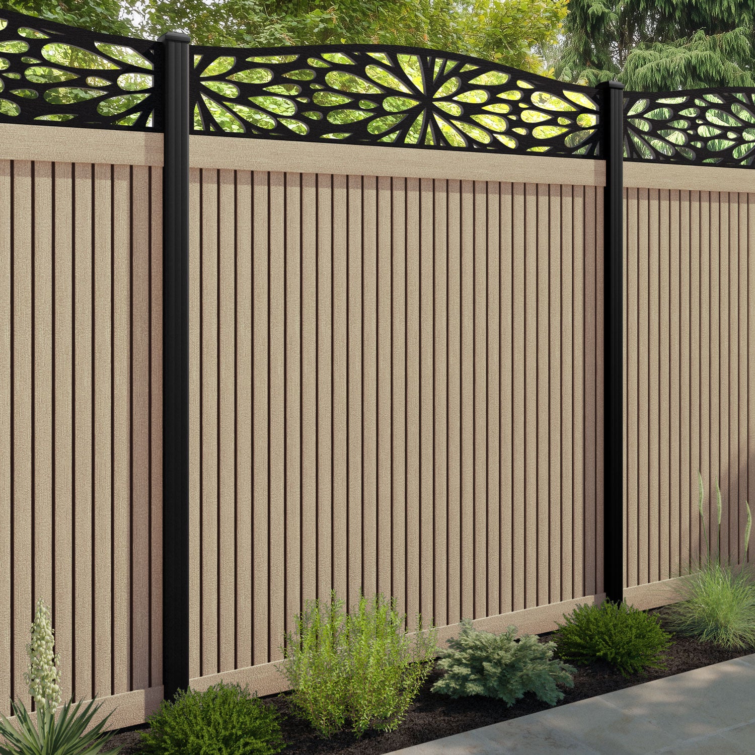 Virtis Blossom Curved Top Fence Panel - Light Oak - with our aluminium posts