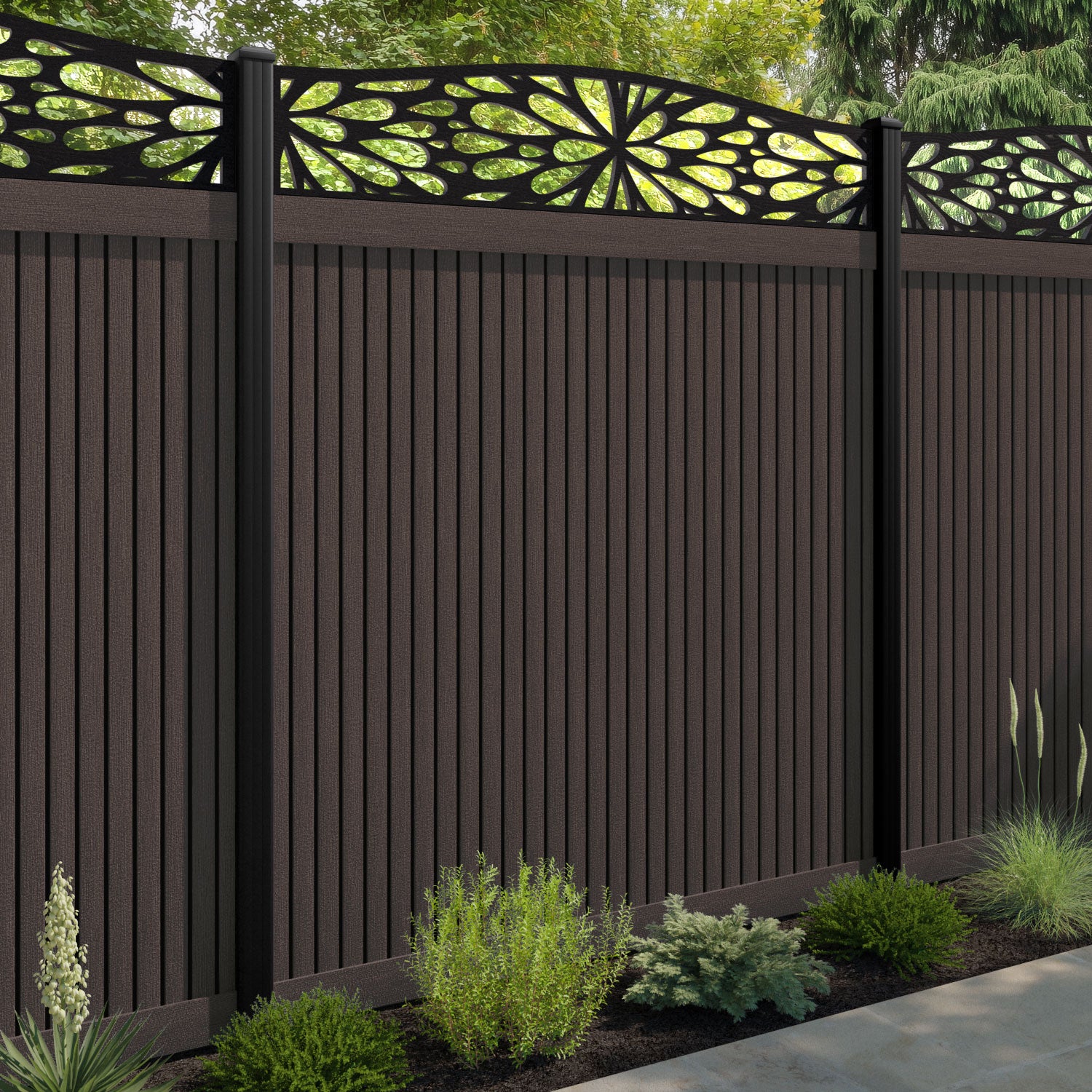 Virtis Blossom Curved Top Fence Panel - Mid Brown - with our aluminium posts