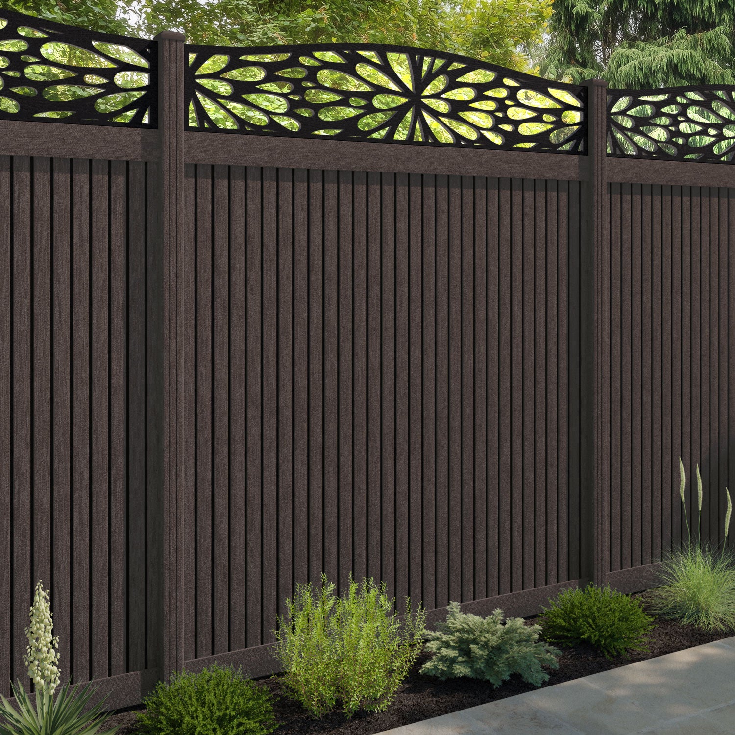 Virtis Blossom Curved Top Fence Panel - Mid Brown - with our composite posts