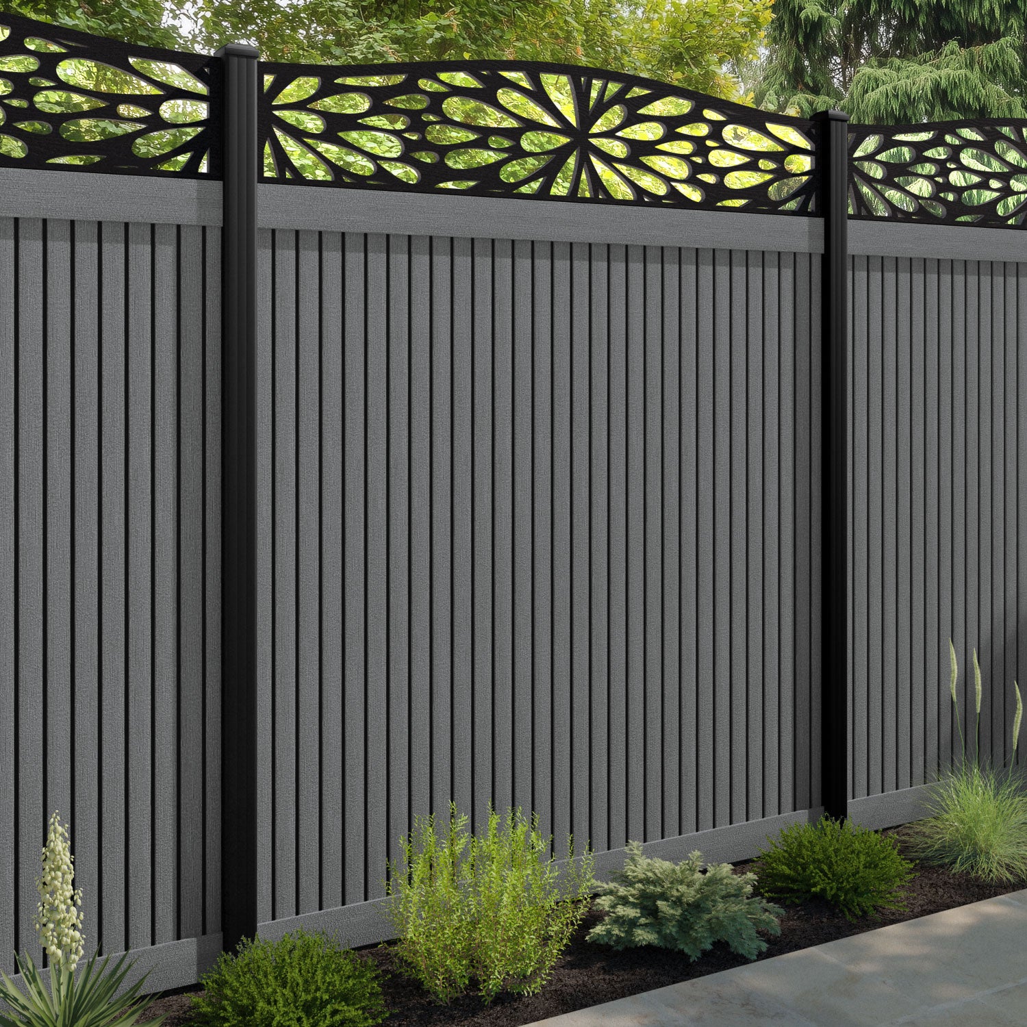 Virtis Blossom Curved Top Fence Panel - Mid Grey - with our composite posts