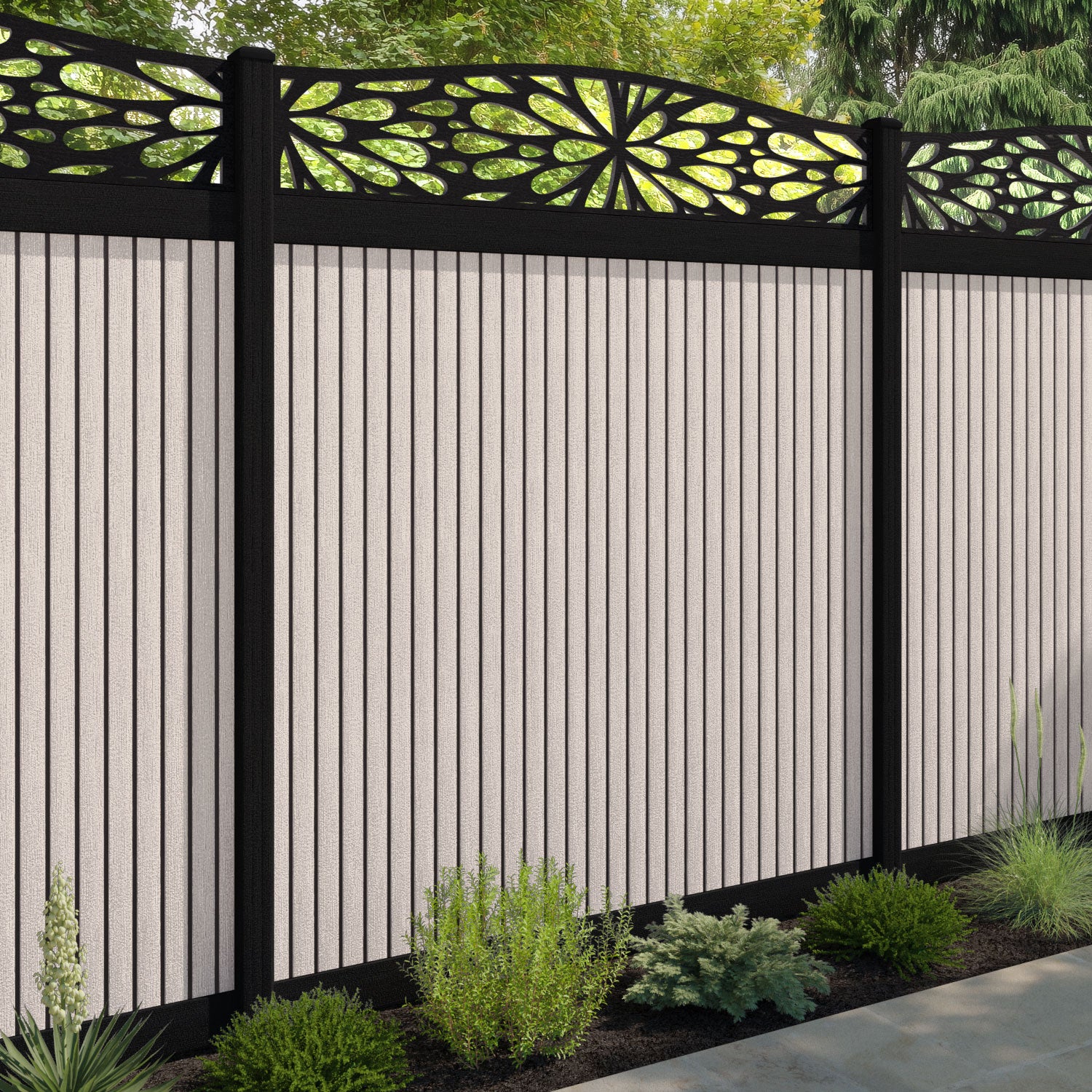 Virtis Blossom Curved Top Fence Panel - Mid Stone - with our aluminium posts