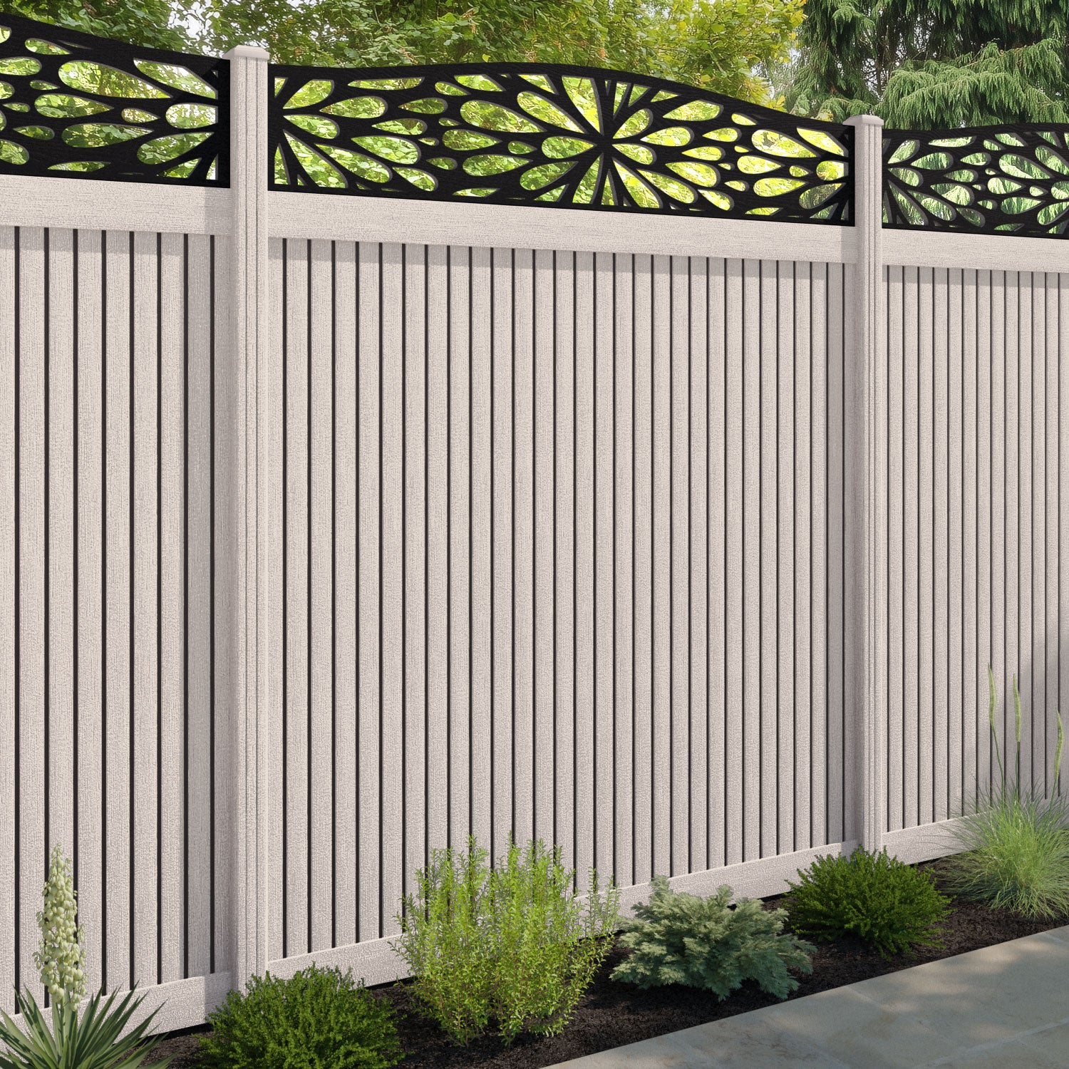 Virtis Blossom Curved Top Fence Panel - Mid Stone - with our composite posts