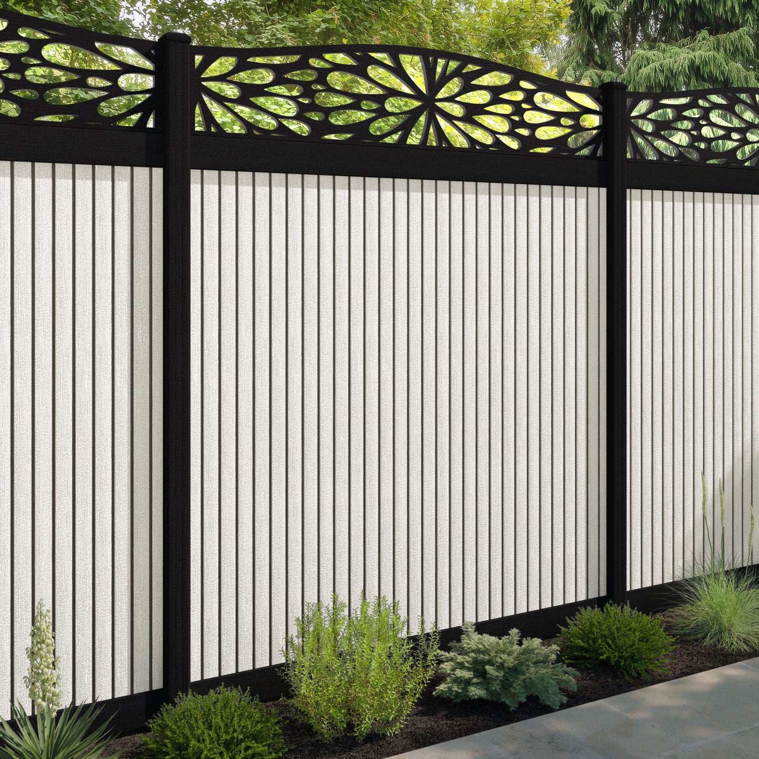 Virtis Blossom Curved Top Fence Panel - Light Stone - with our aluminium posts