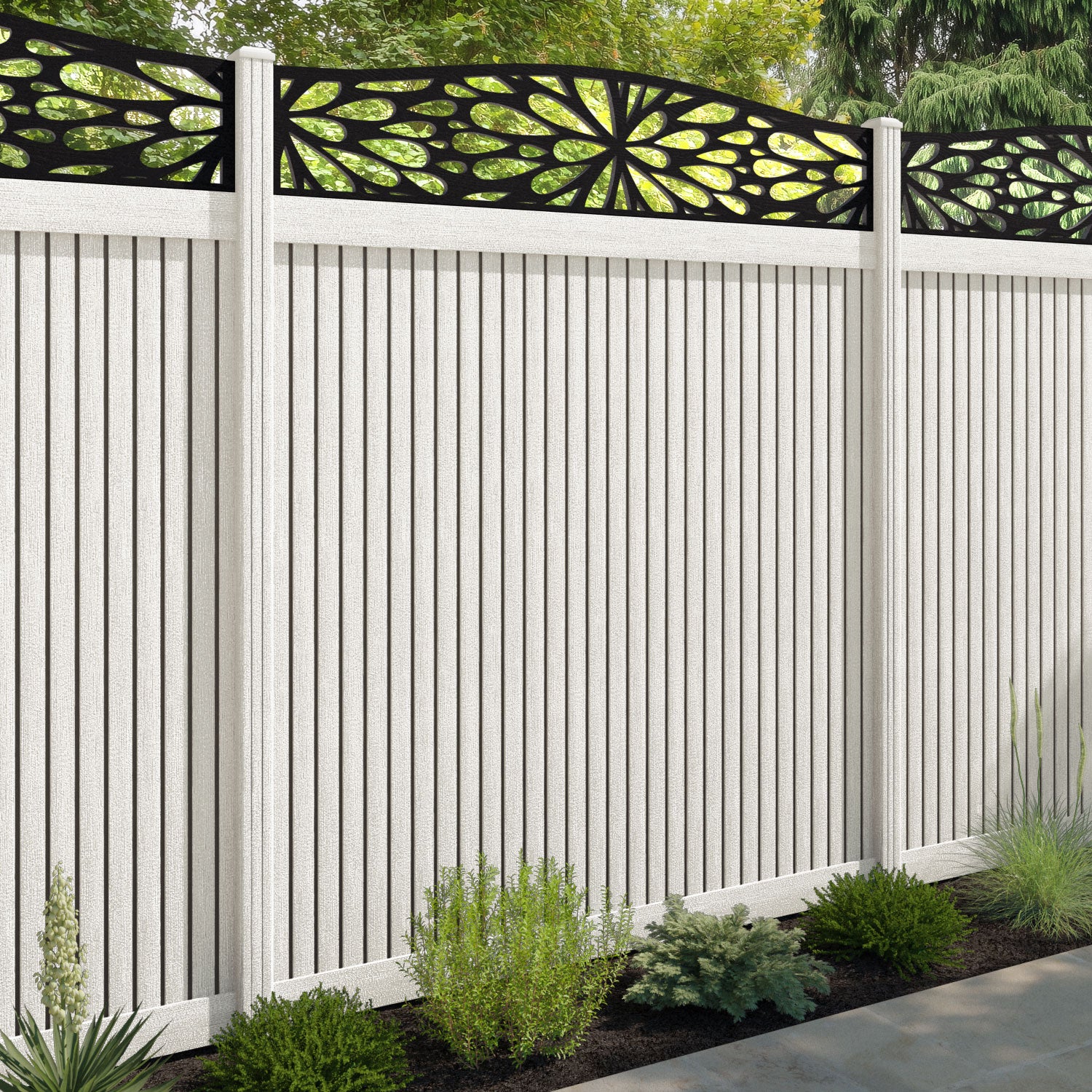 Virtis Blossom Curved Top Fence Panel - Light Stone - with our composite posts