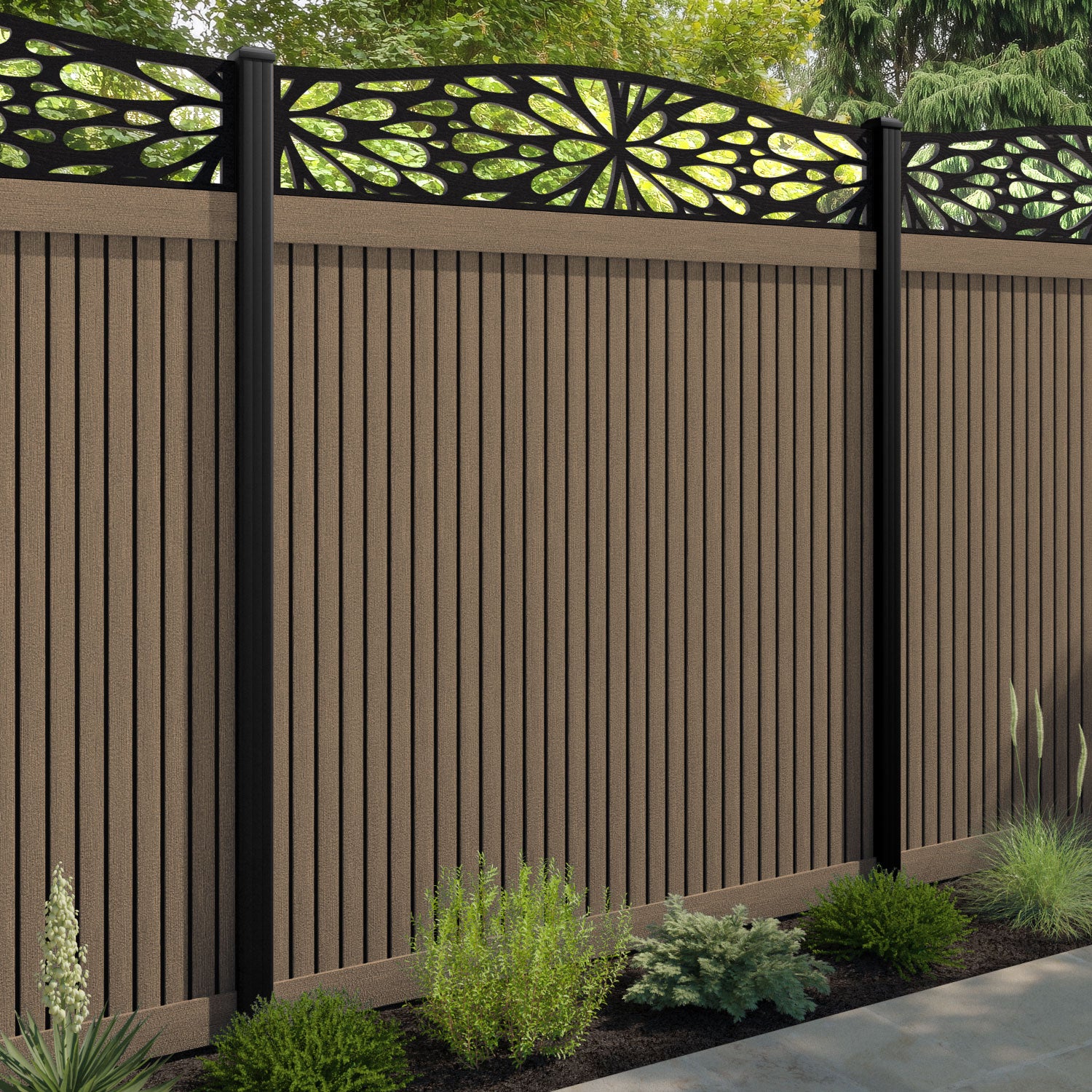 Virtis Blossom Curved Top Fence Panel - Teak - with our aluminium posts