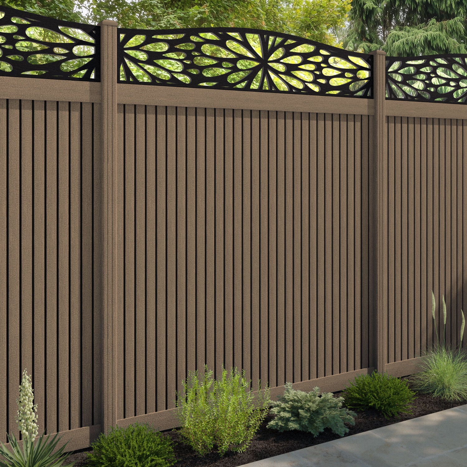 Virtis Blossom Curved Top Fence Panel - Teak - with our composite posts