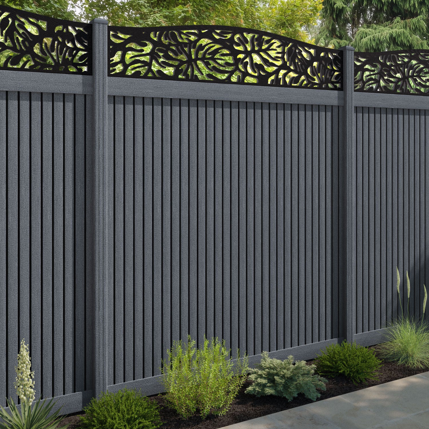 Virtis Botanic Curved Top Fence Panel - Anthracite - with our composite posts