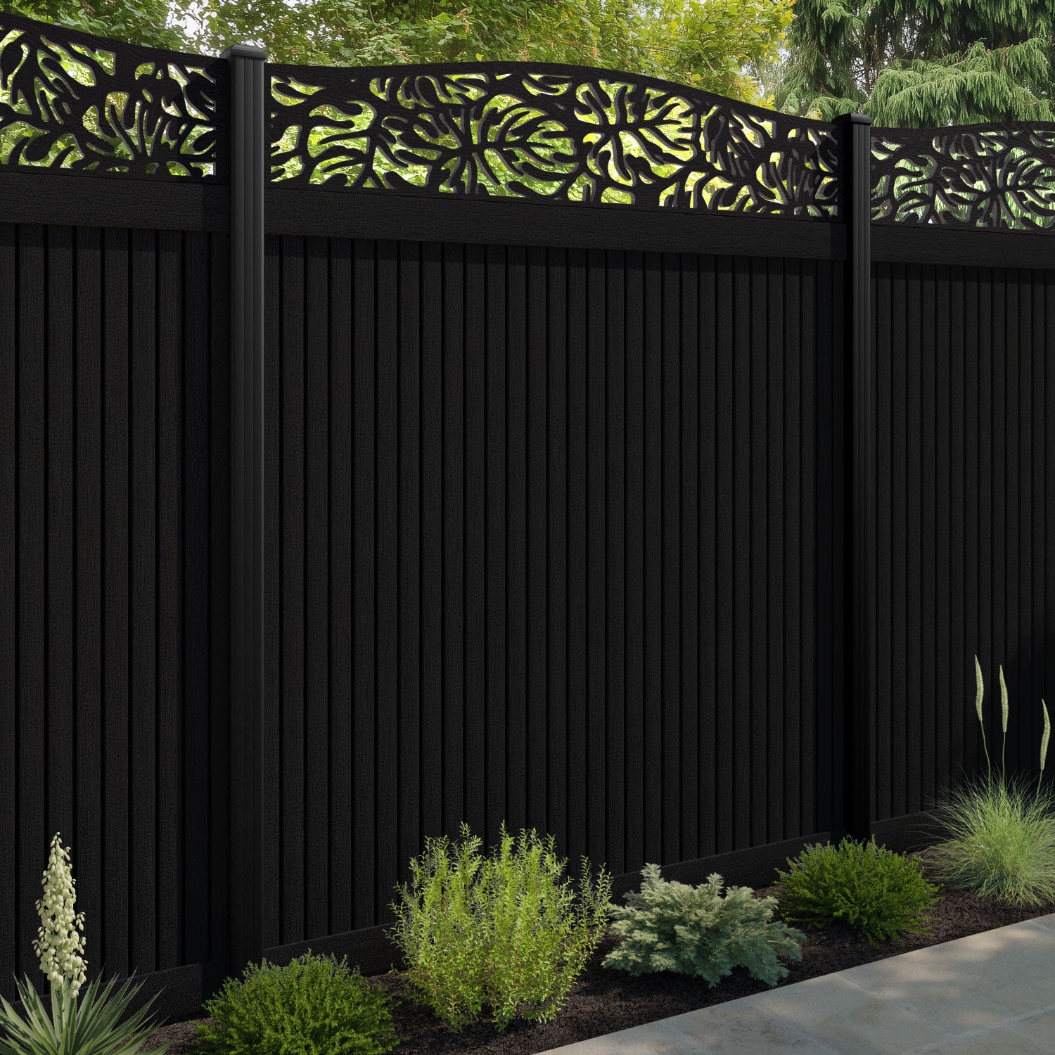 Virtis Botanic Curved Top Fence Panel - Black - with our aluminium posts