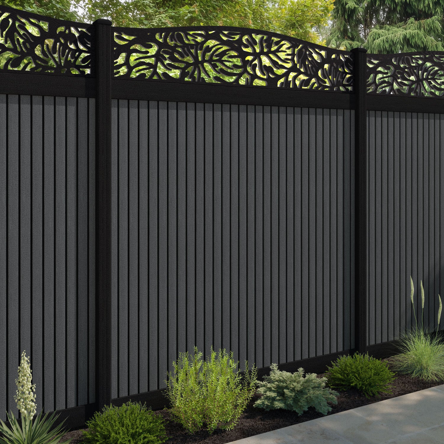 Virtis Botanic Curved Top Fence Panel - Dark Grey - with our composite posts