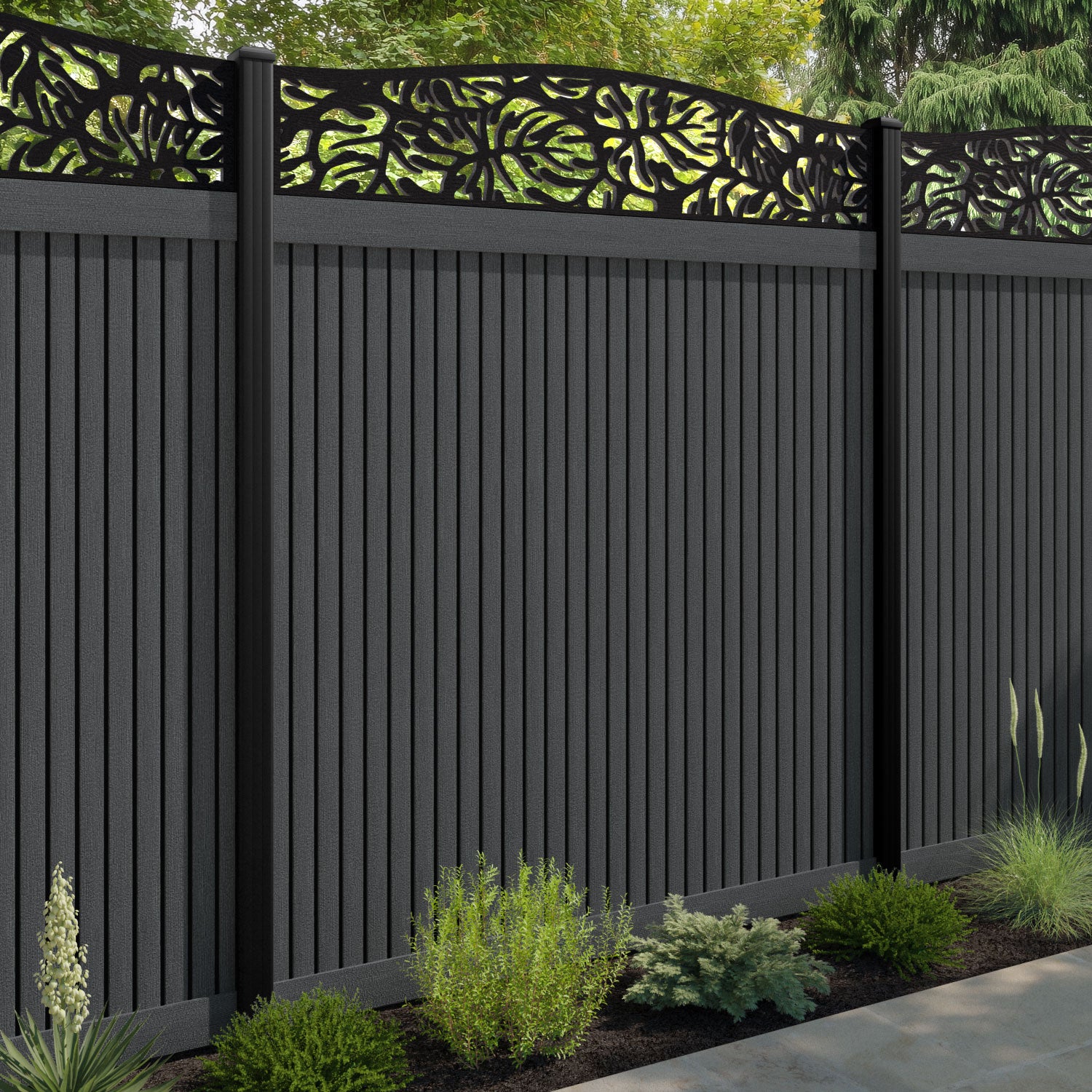 Virtis Botanic Curved Top Fence Panel - Dark Grey - with our aluminium posts